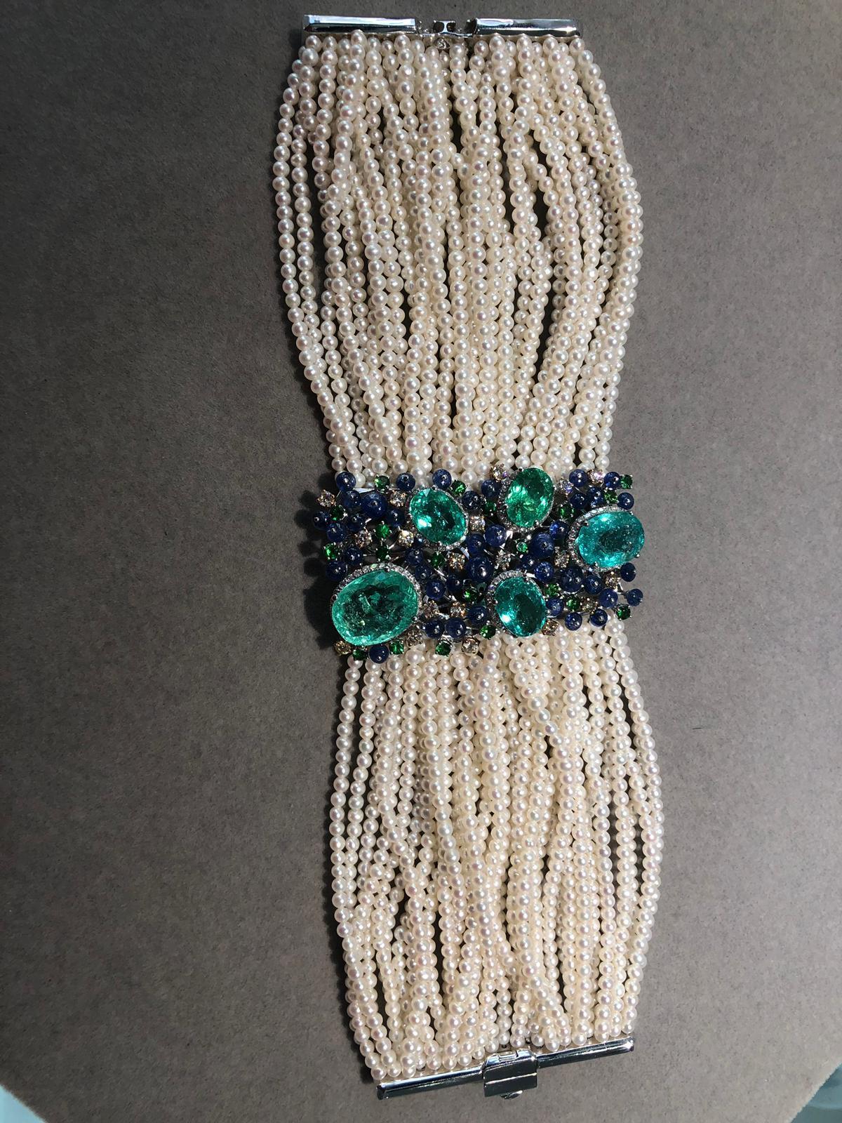 Unique Rare Paraiba Tourmalines Diamonds Akoya Pearls Tanzanites Gold Bracelet