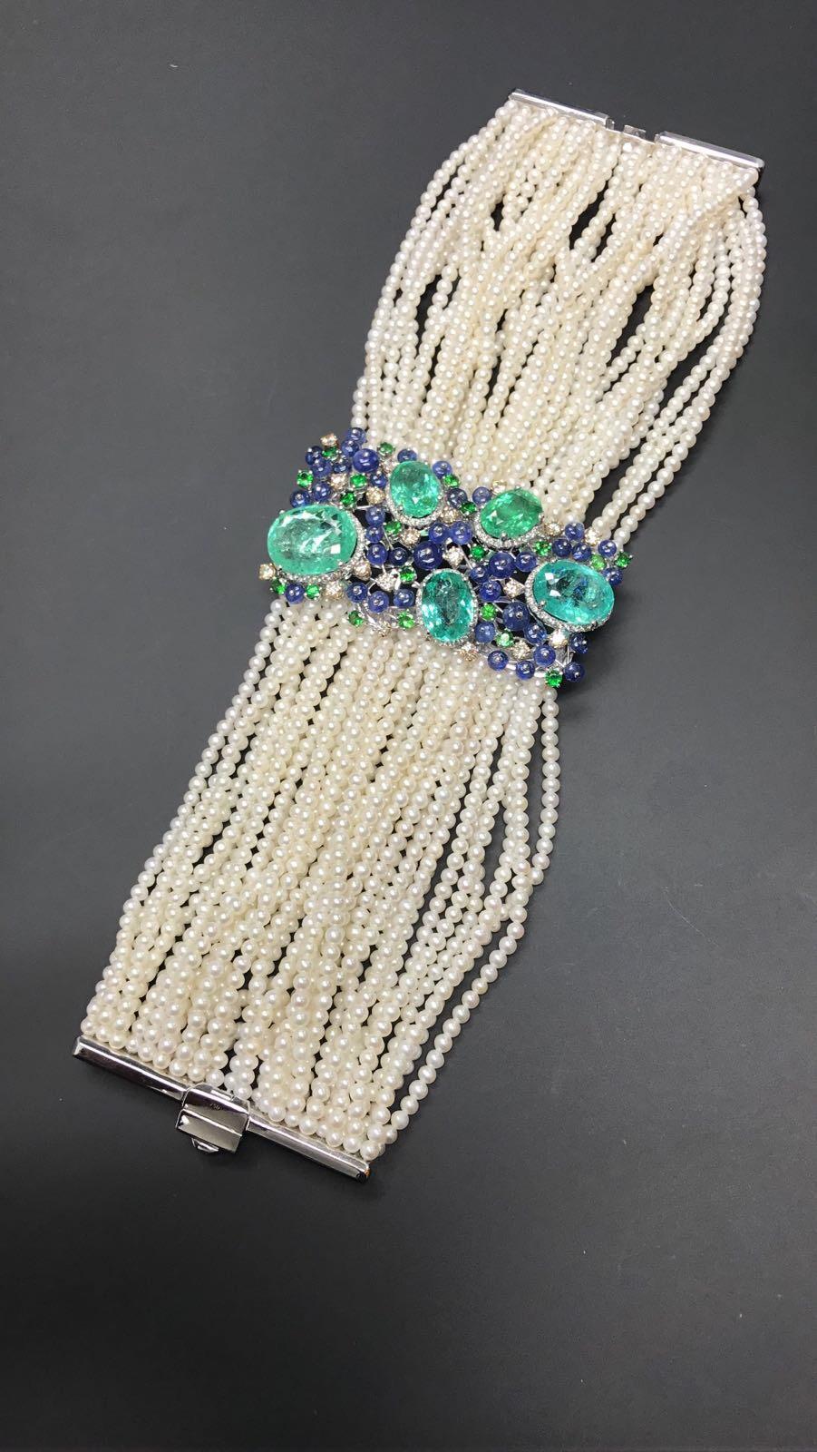 Unique Rare Paraiba Tourmalines Diamonds Akoya Pearls Tanzanites Gold Bracelet