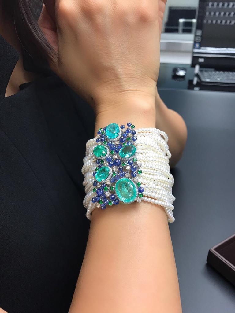 Unique Rare Paraiba Tourmalines Diamonds Akoya Pearls Tanzanites Gold Bracelet