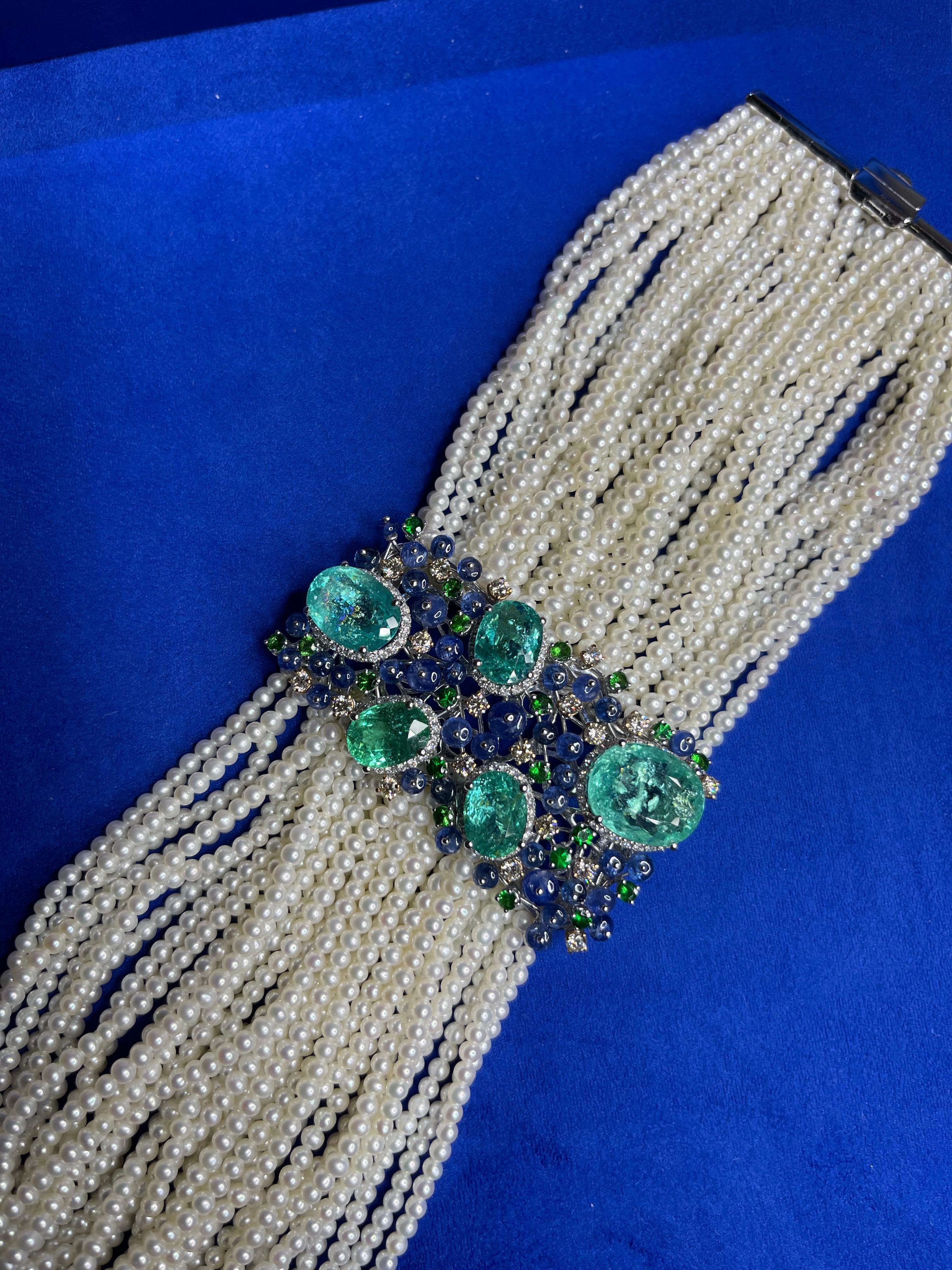 Unique Rare Paraiba Tourmalines Diamonds Akoya Pearls Tanzanites Gold Bracelet