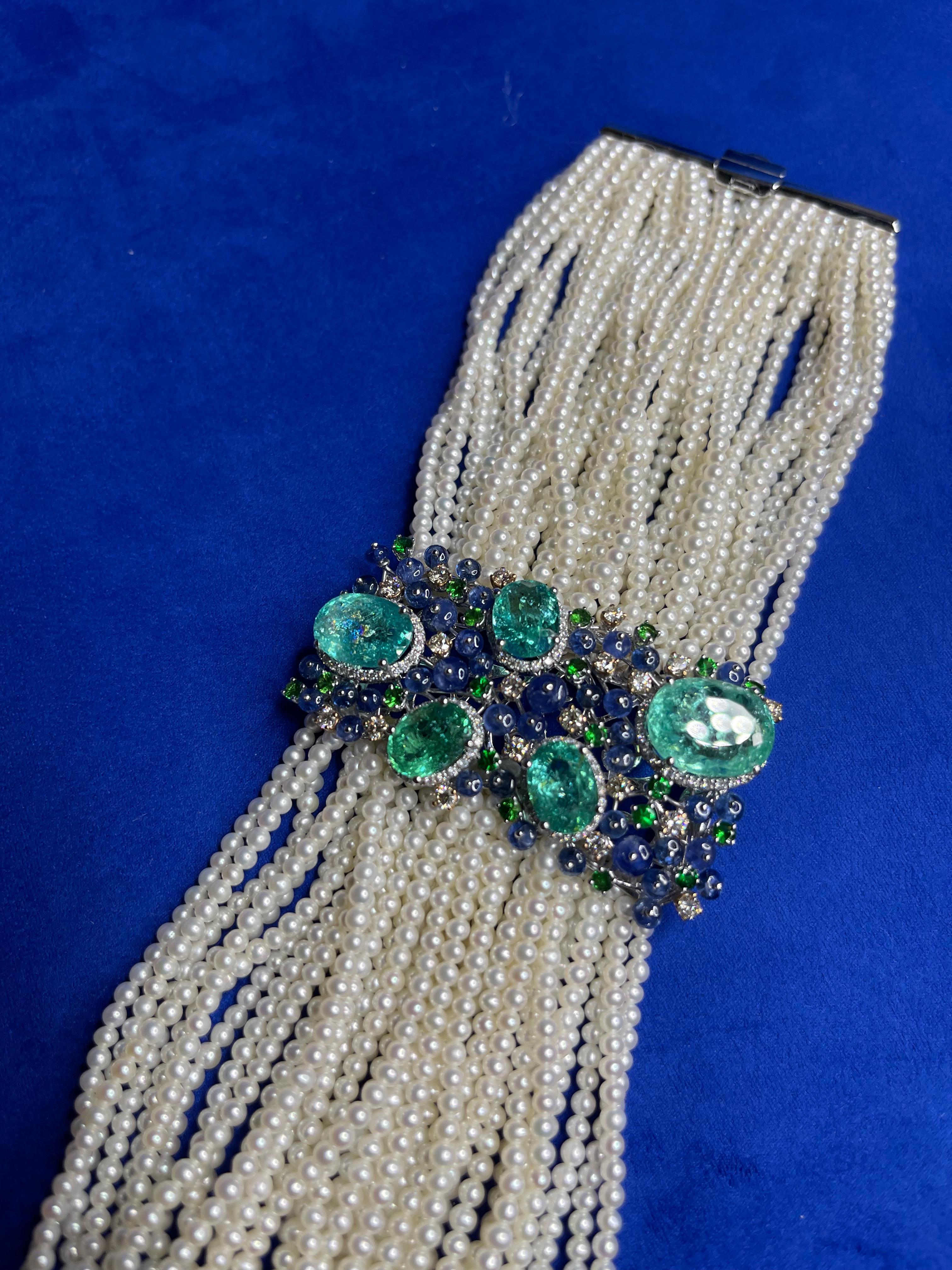 Unique Rare Paraiba Tourmalines Diamonds Akoya Pearls Tanzanites Gold Bracelet