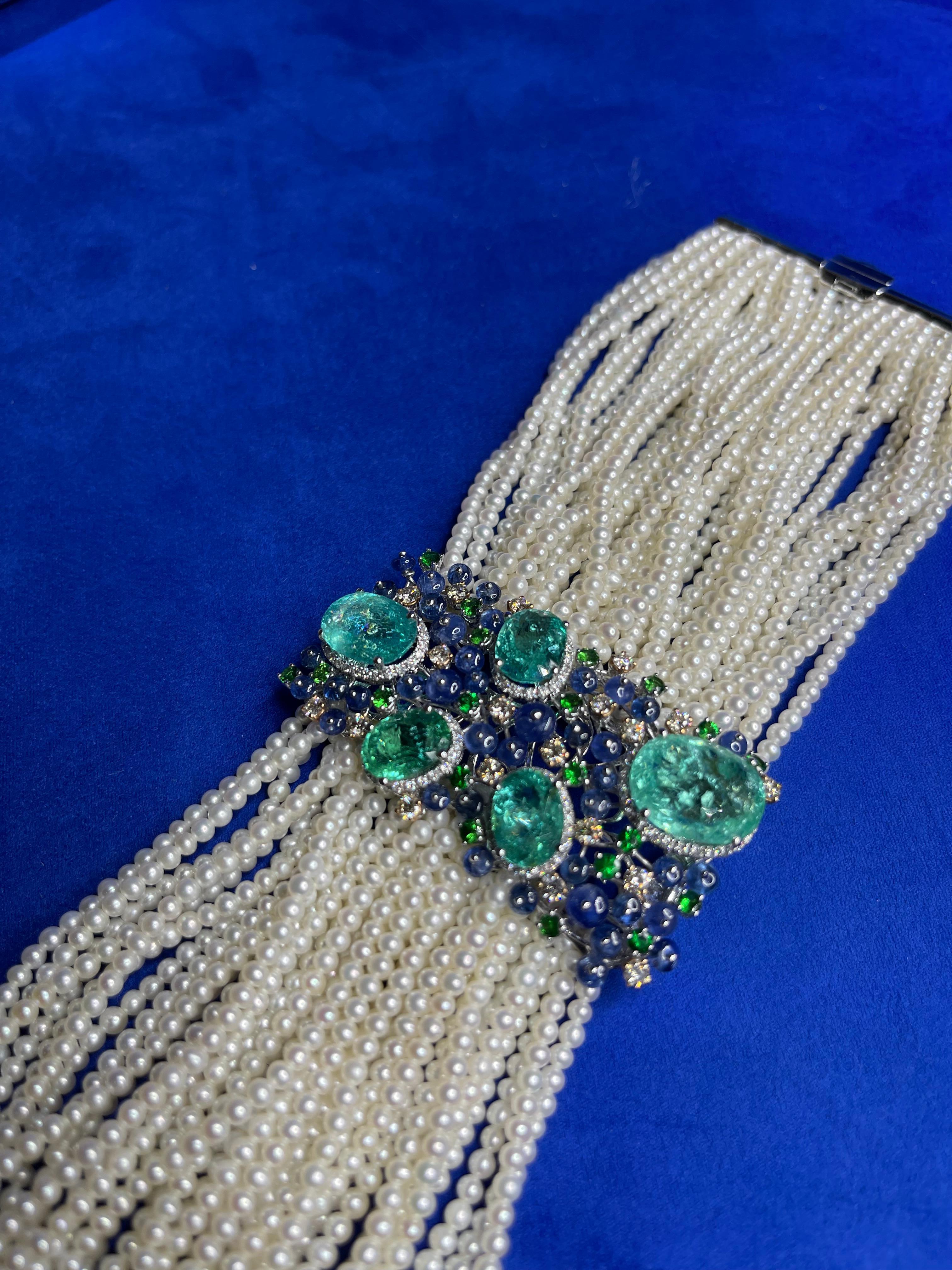 Unique Rare Paraiba Tourmalines Diamonds Akoya Pearls Tanzanites Gold Bracelet