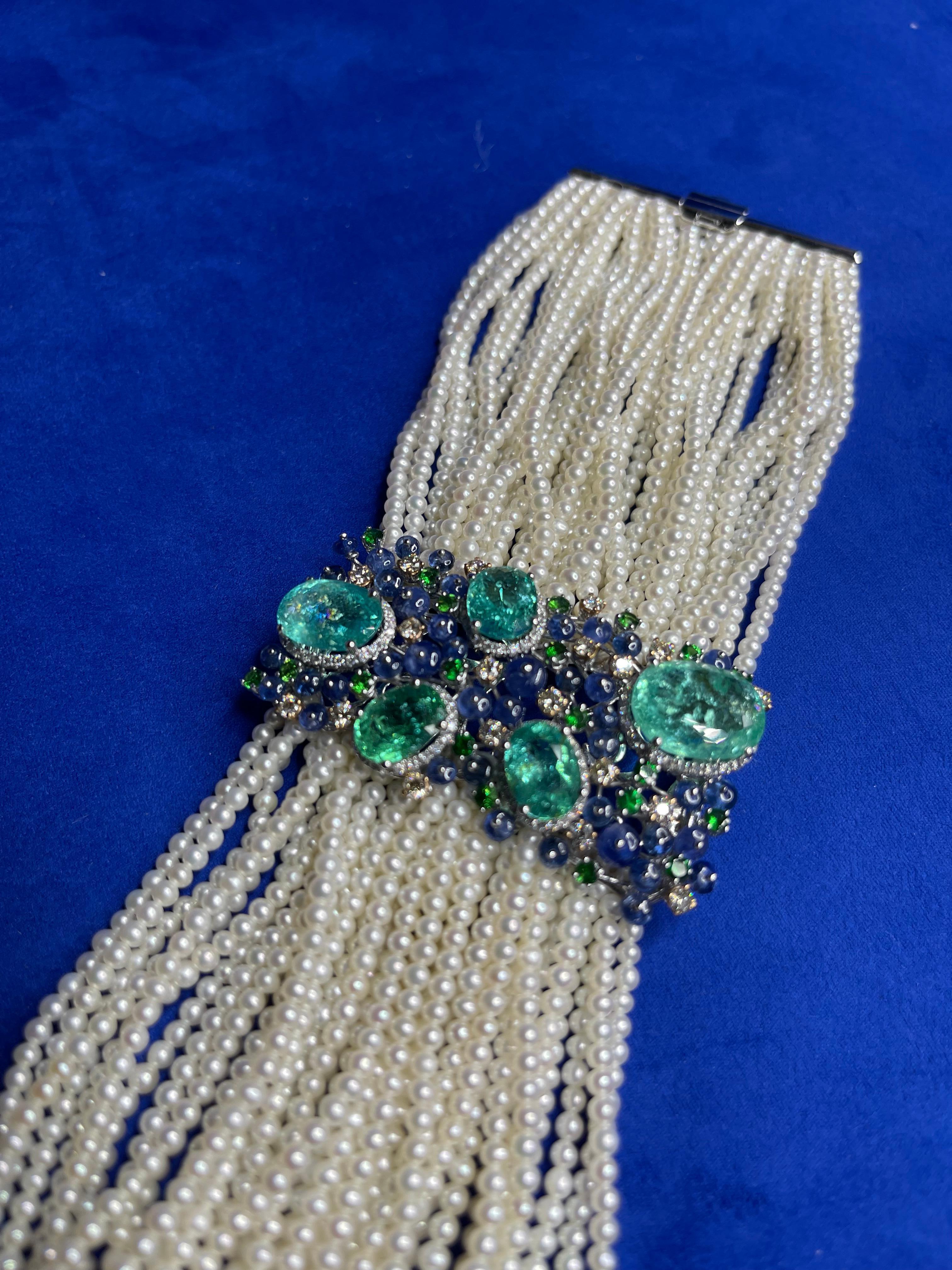 Unique Rare Paraiba Tourmalines Diamonds Akoya Pearls Tanzanites Gold Bracelet