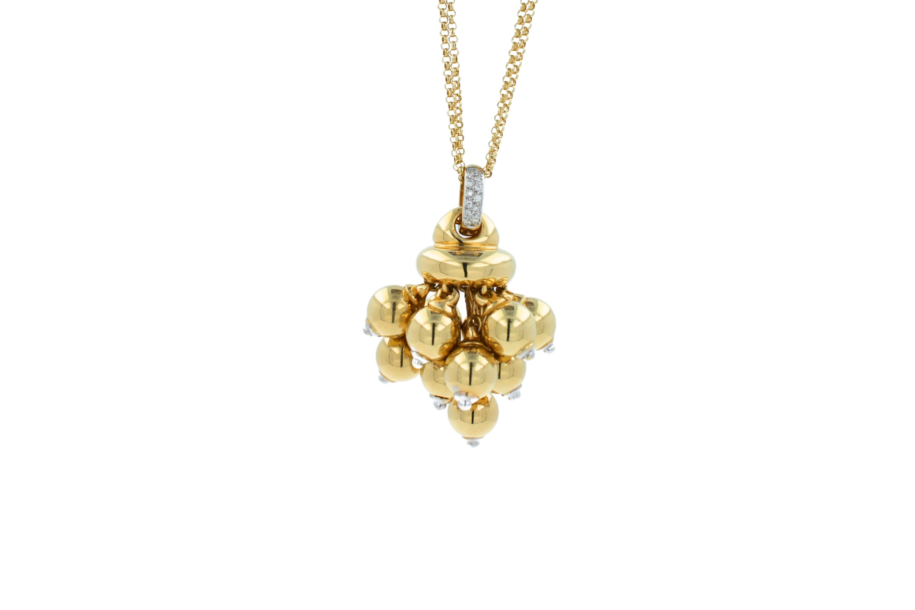 Diamonds Golden Spheres Gold Balls Geometric Bells Motif 18K Gold Necklace