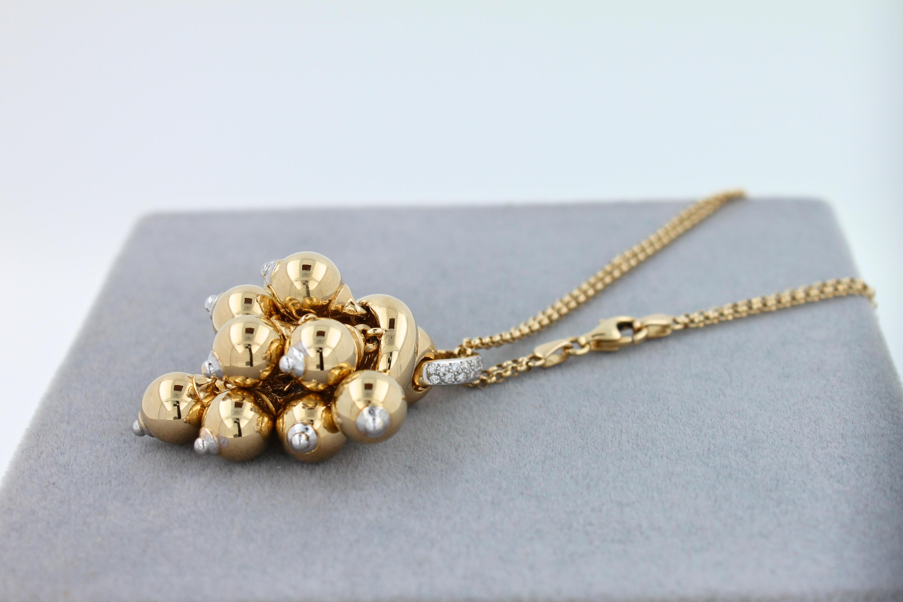 Diamonds Golden Spheres Gold Balls Geometric Bells Motif 18K Gold Necklace