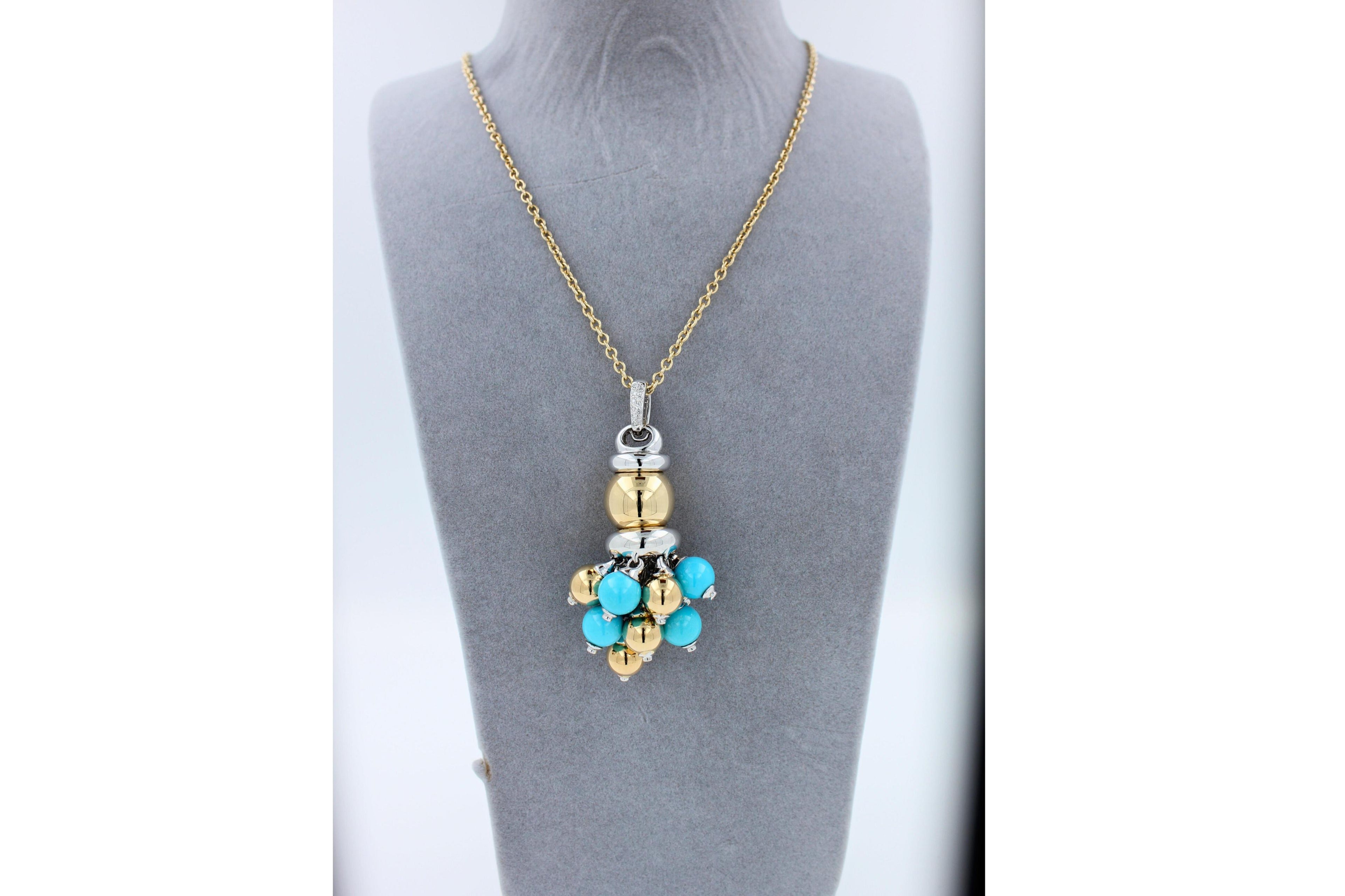 Blue Turquoise Diamonds Golden Sphere Bells Motif Two Tone Gold Pendant Necklace