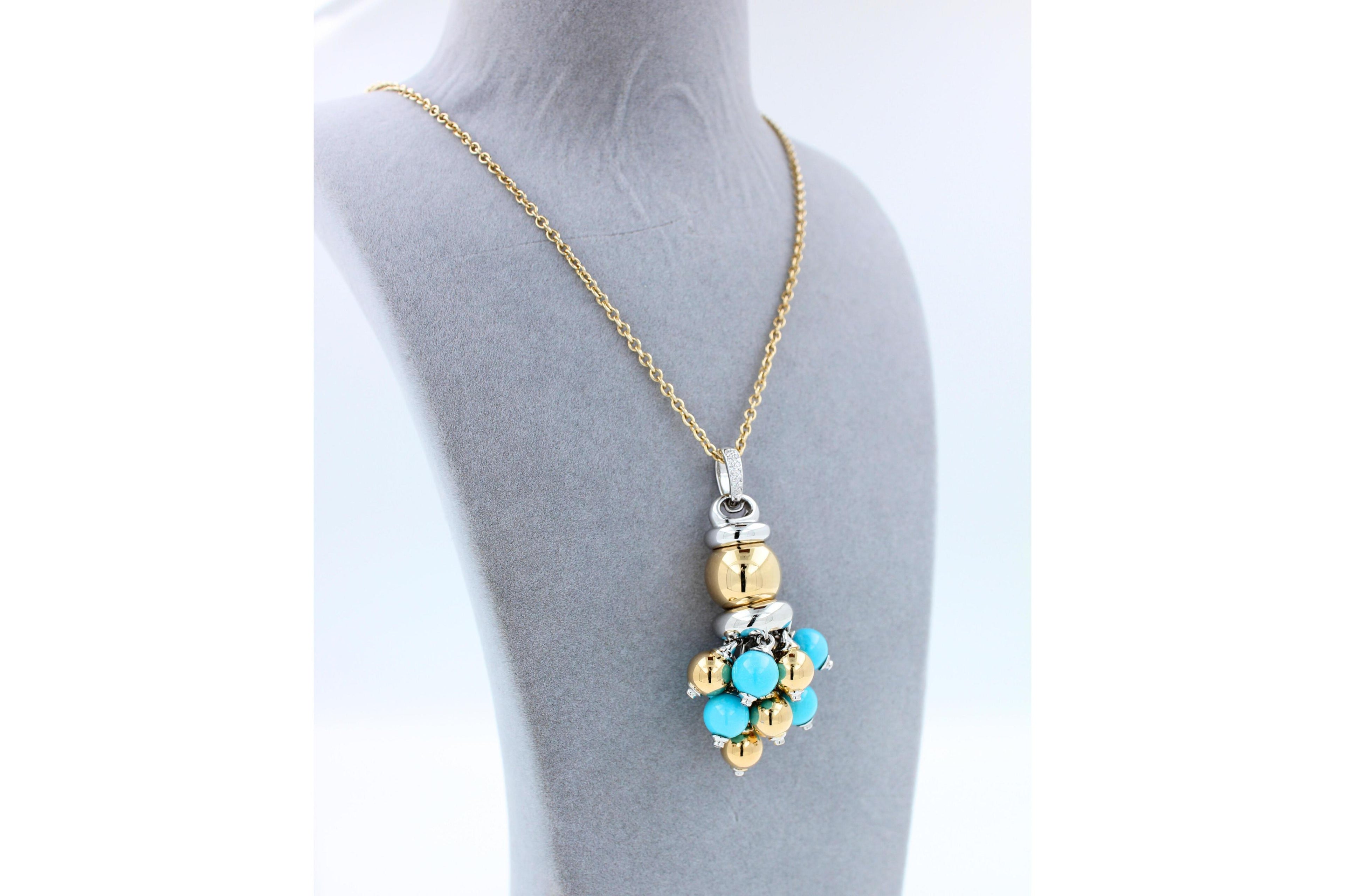 Blue Turquoise Diamonds Golden Sphere Bells Motif Two Tone Gold Pendant Necklace