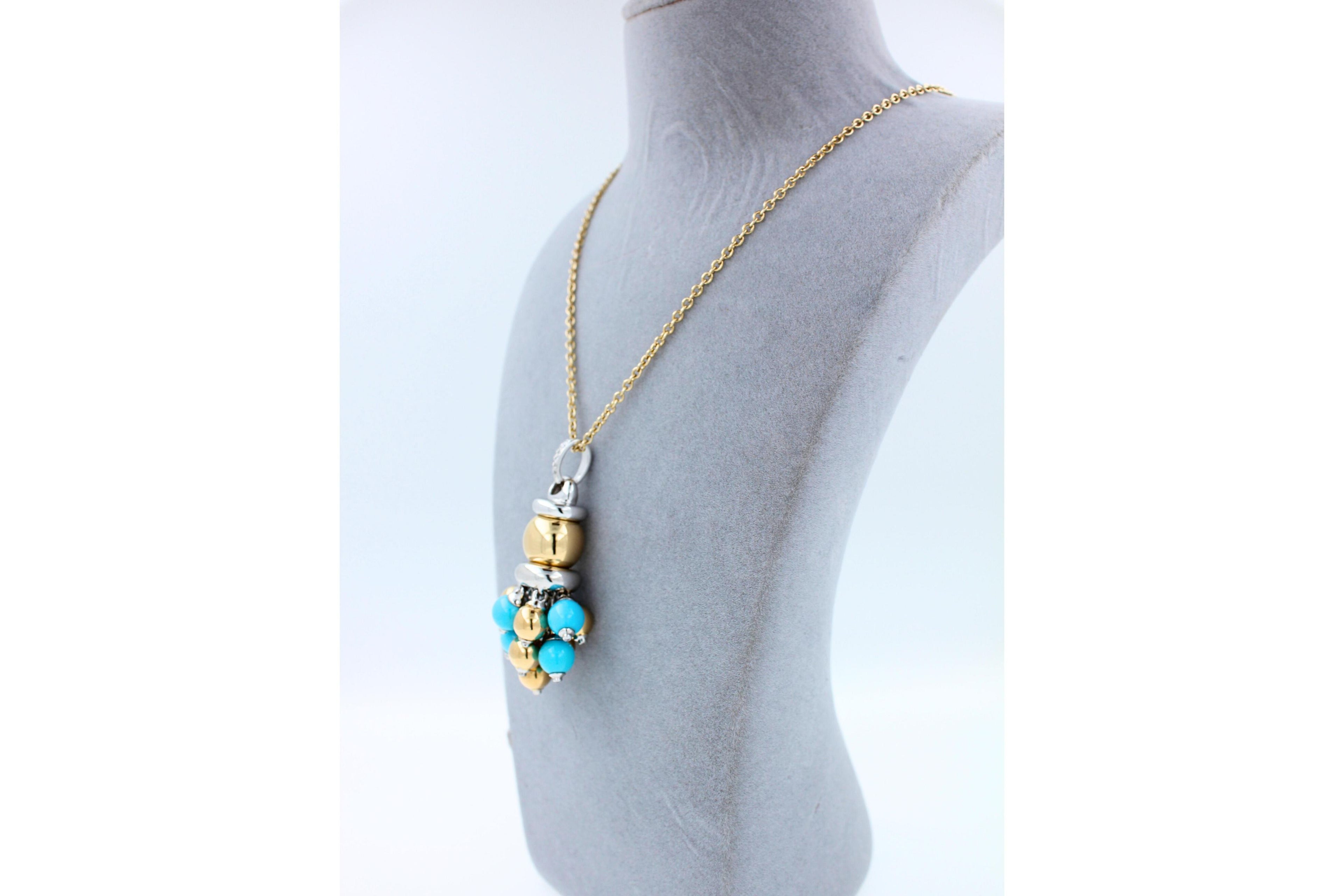 Blue Turquoise Diamonds Golden Sphere Bells Motif Two Tone Gold Pendant Necklace