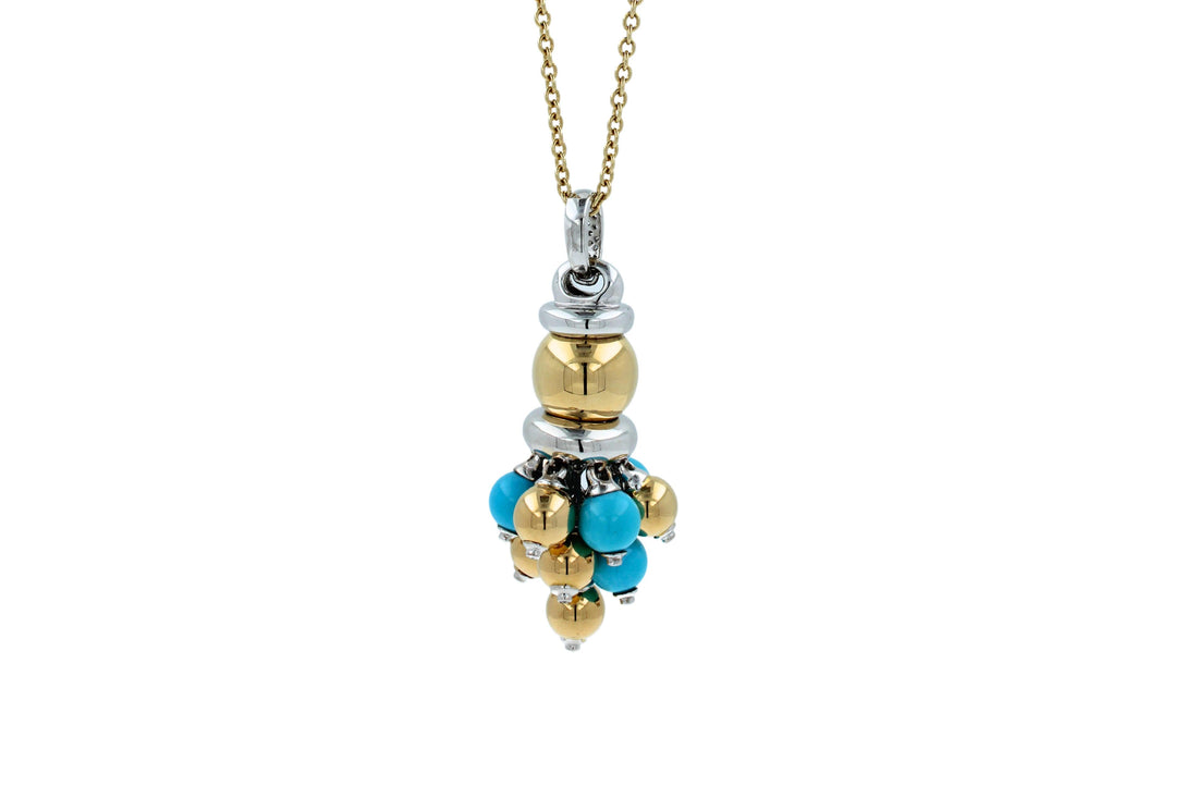 Blue Turquoise Diamonds Golden Sphere Bells Motif Two Tone Gold Pendant Necklace