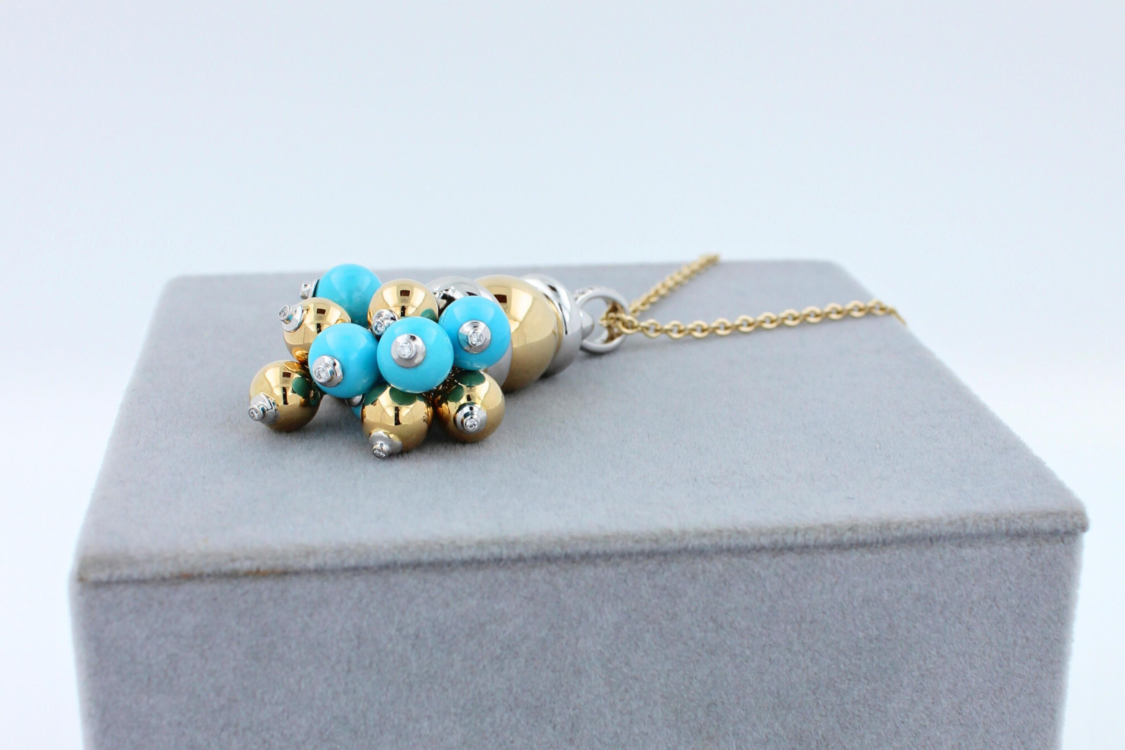 Blue Turquoise Diamonds Golden Sphere Bells Motif Two Tone Gold Pendant Necklace