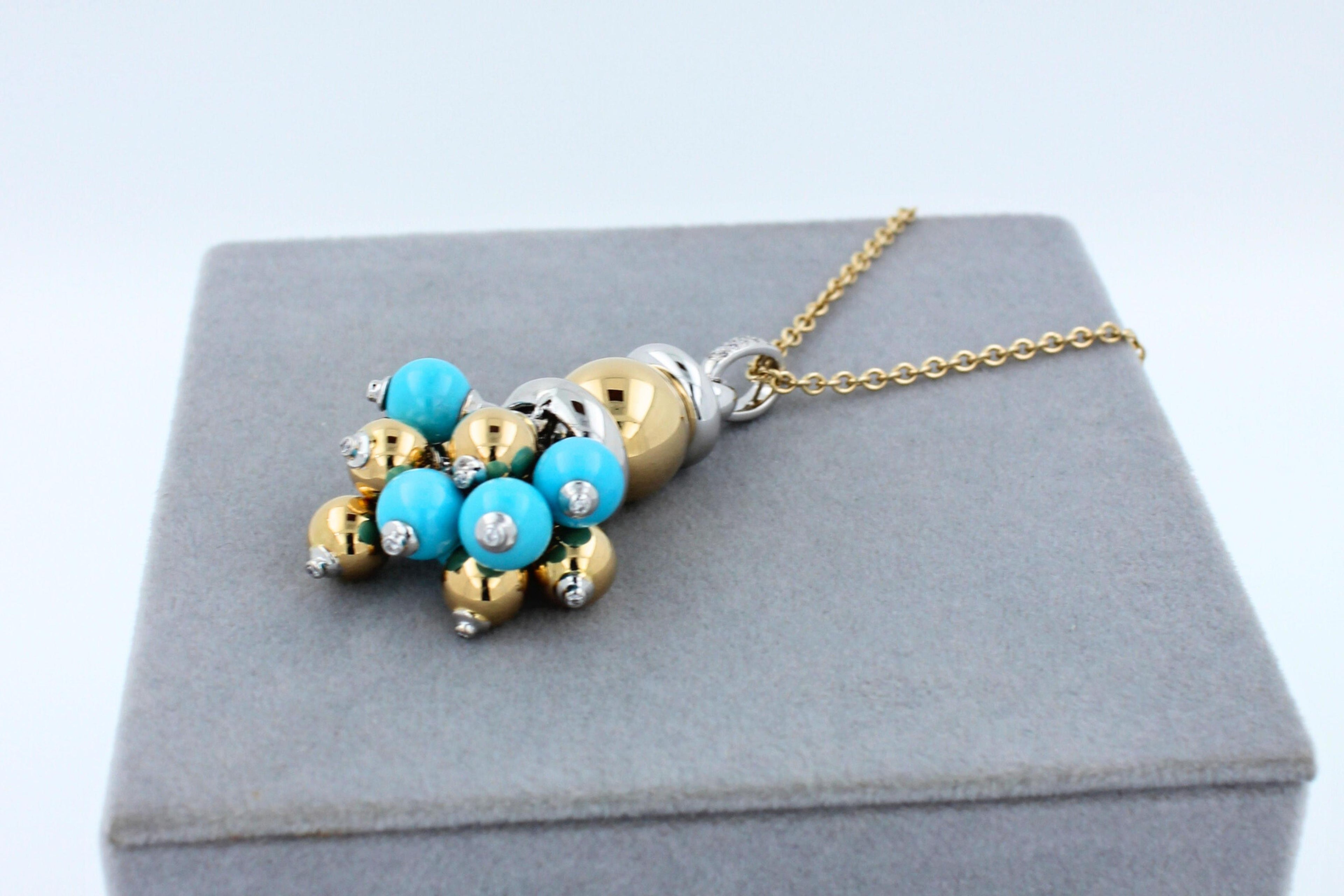 Blue Turquoise Diamonds Golden Sphere Bells Motif Two Tone Gold Pendant Necklace