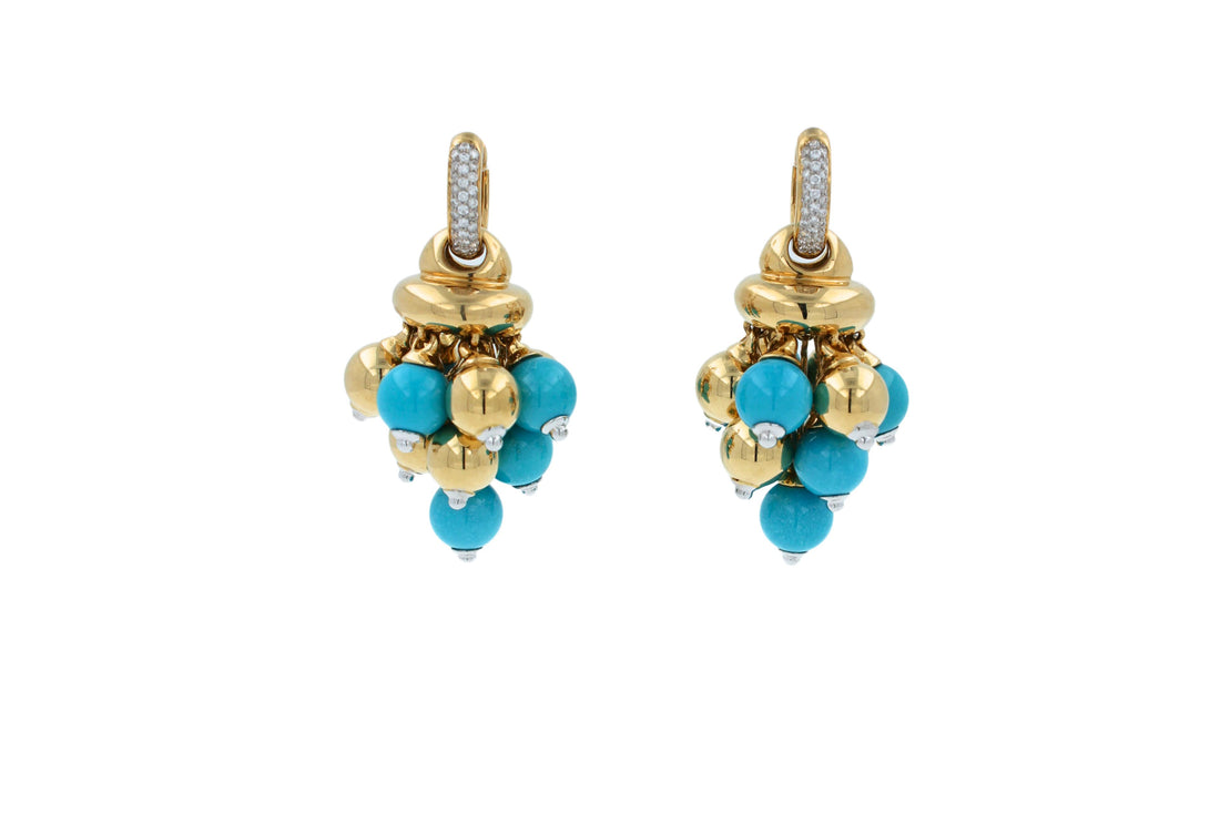 Blue Turquoise Diamonds Golden Sphere Bells Motif Two Tone Gold Huggie Earrings