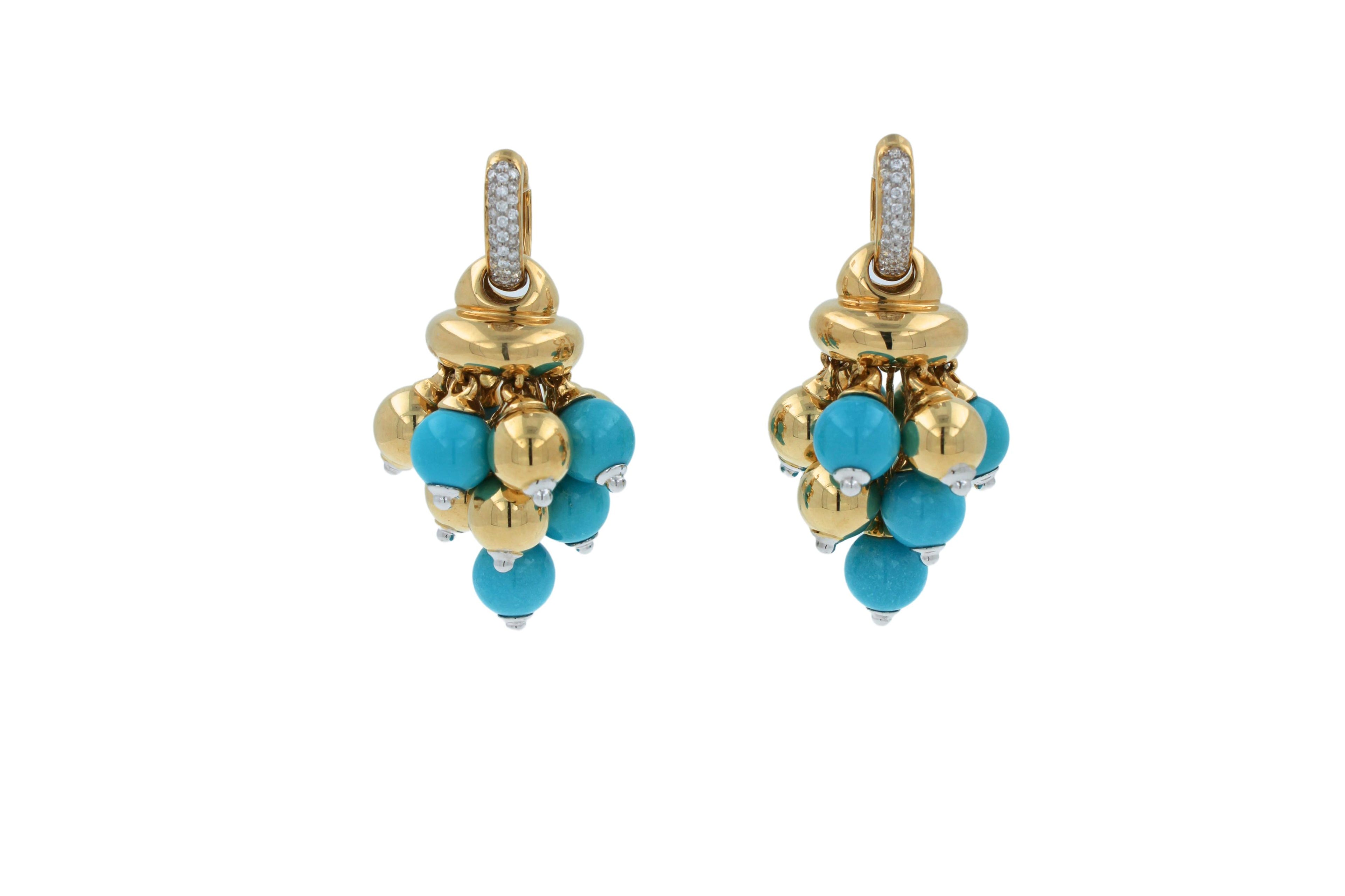 Blue Turquoise Diamonds Golden Sphere Bells Motif Two Tone Gold Huggie Earrings