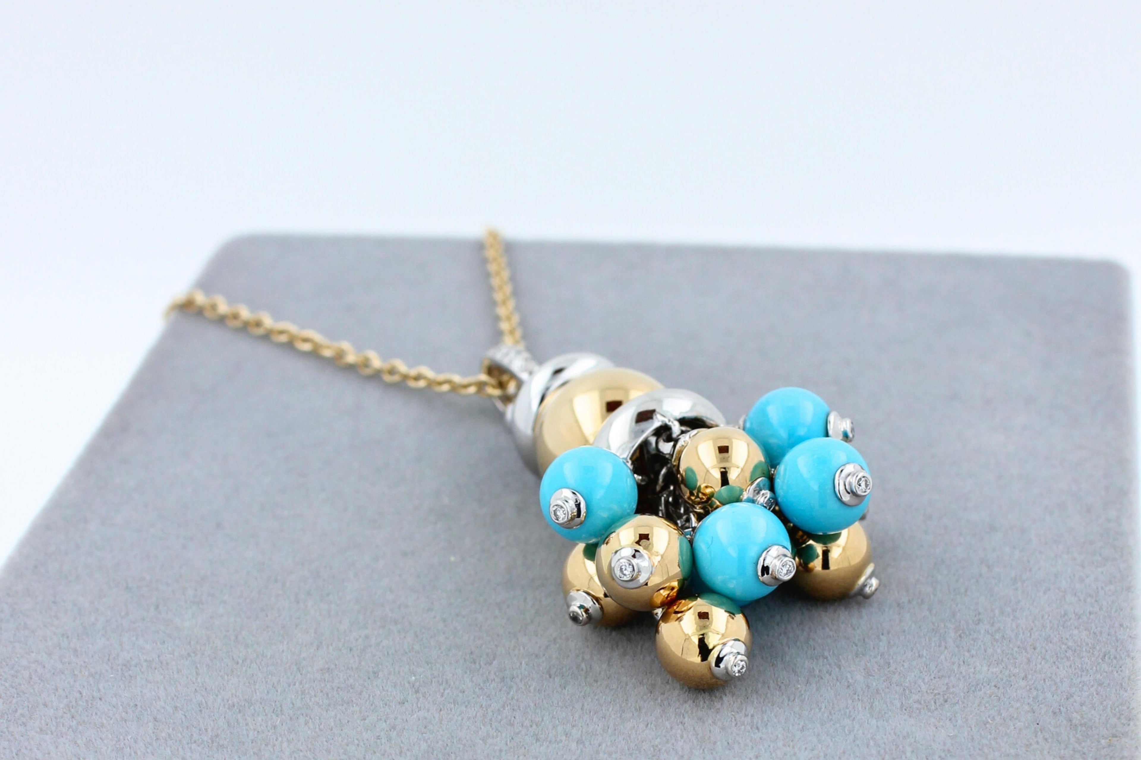 Blue Turquoise Diamonds Golden Sphere Bells Motif Two Tone Gold Pendant Necklace
