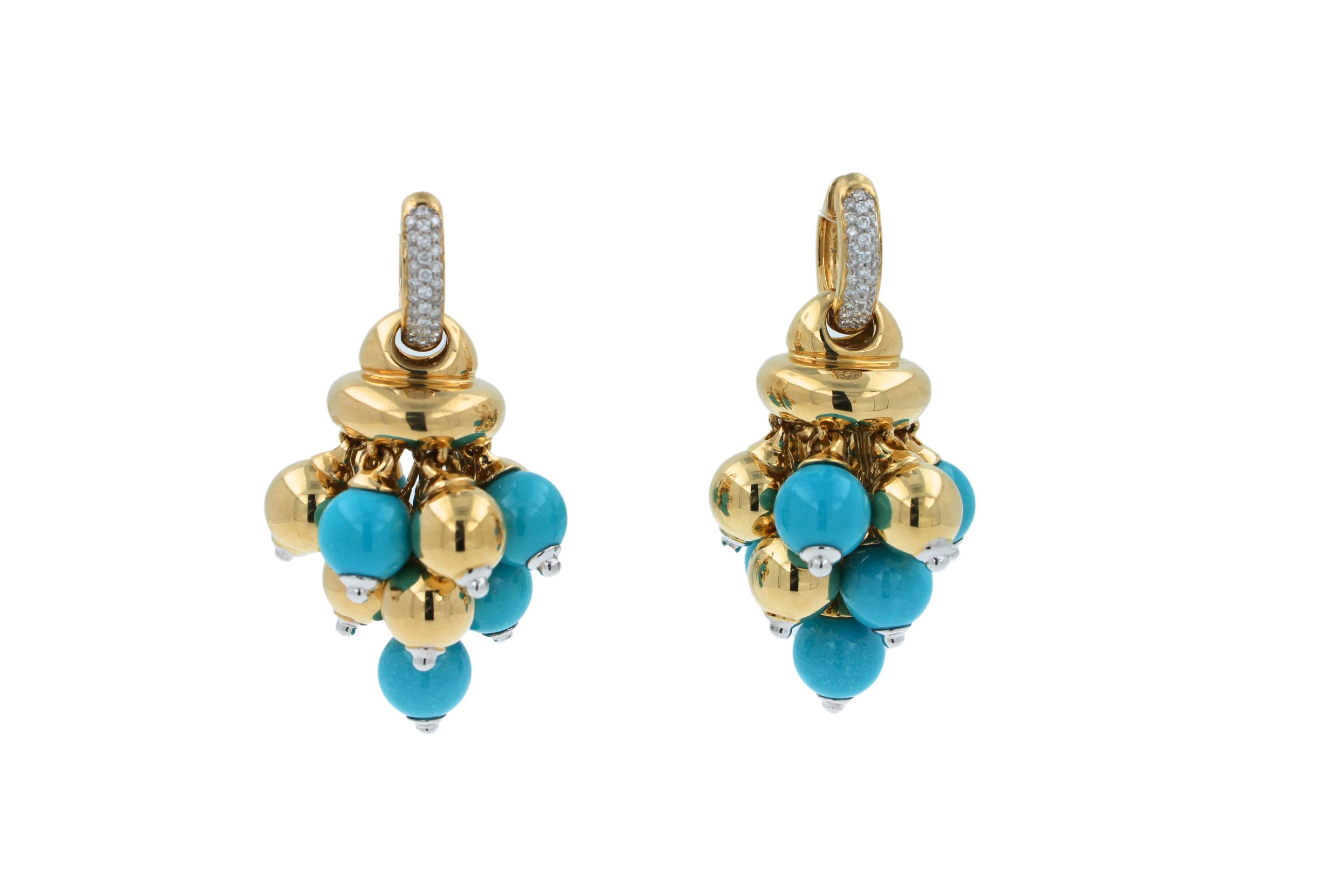 Blue Turquoise Diamonds Golden Sphere Bells Motif Two Tone Gold Huggie Earrings