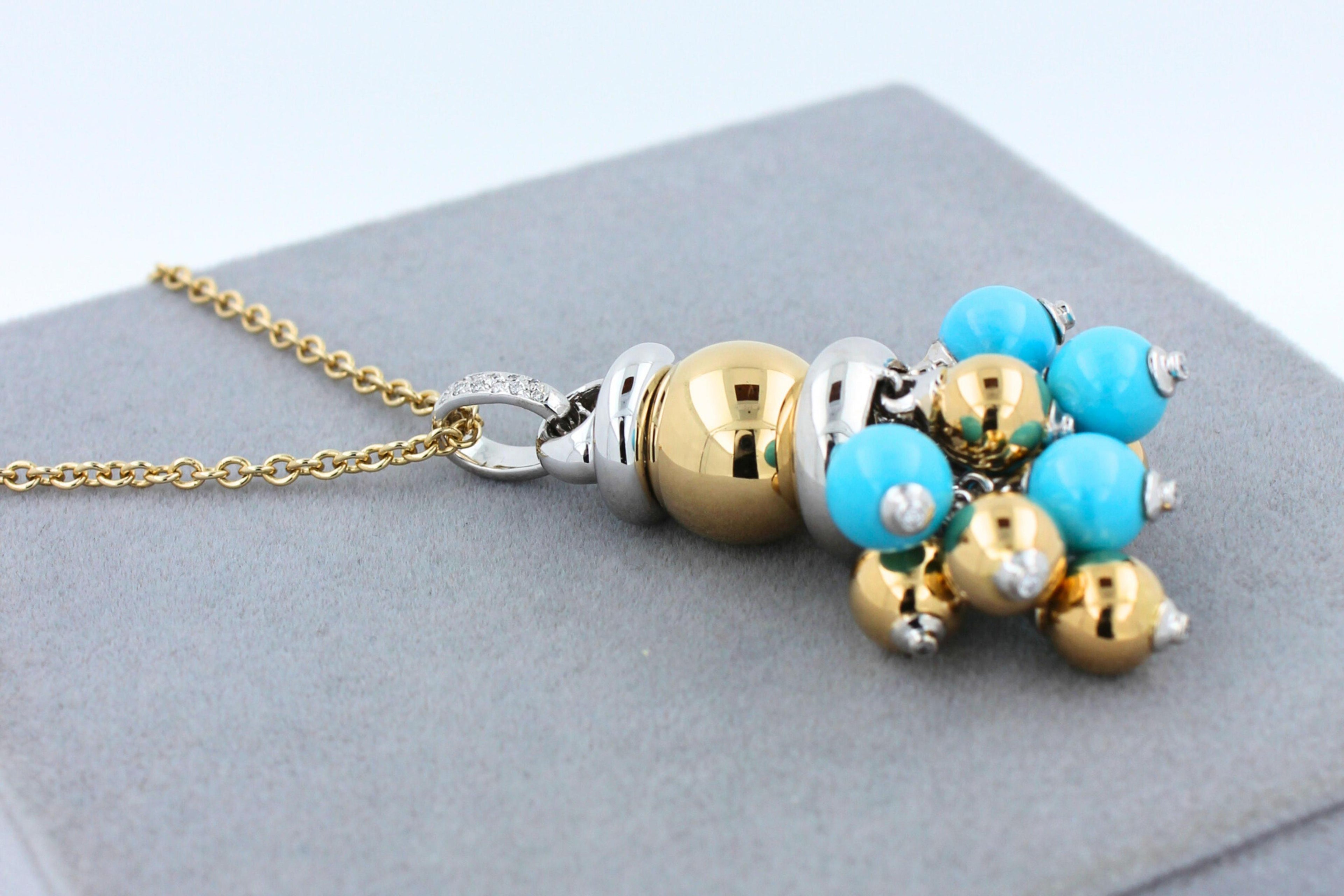 Blue Turquoise Diamonds Golden Sphere Bells Motif Two Tone Gold Pendant Necklace
