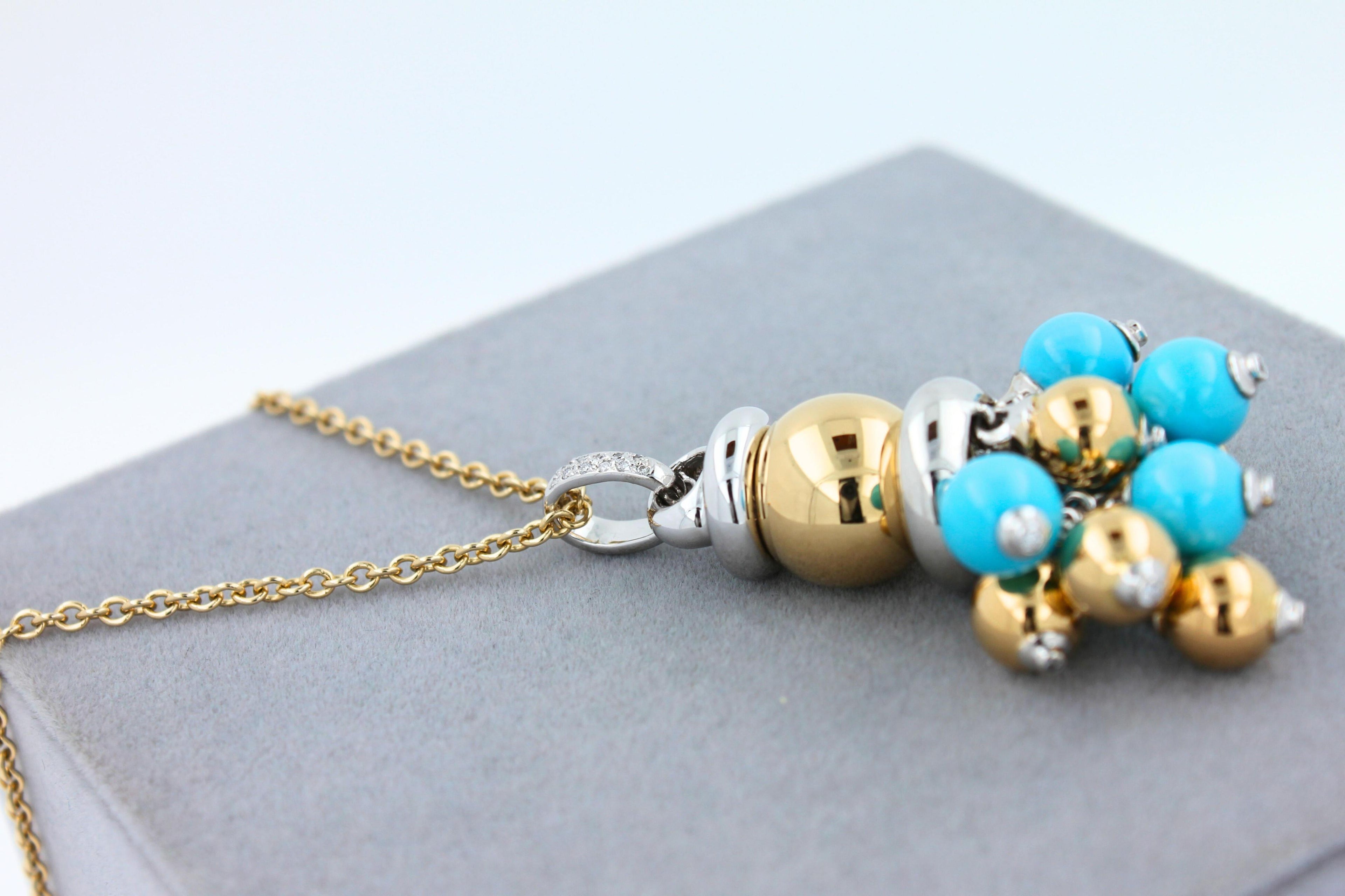 Blue Turquoise Diamonds Golden Sphere Bells Motif Two Tone Gold Pendant Necklace