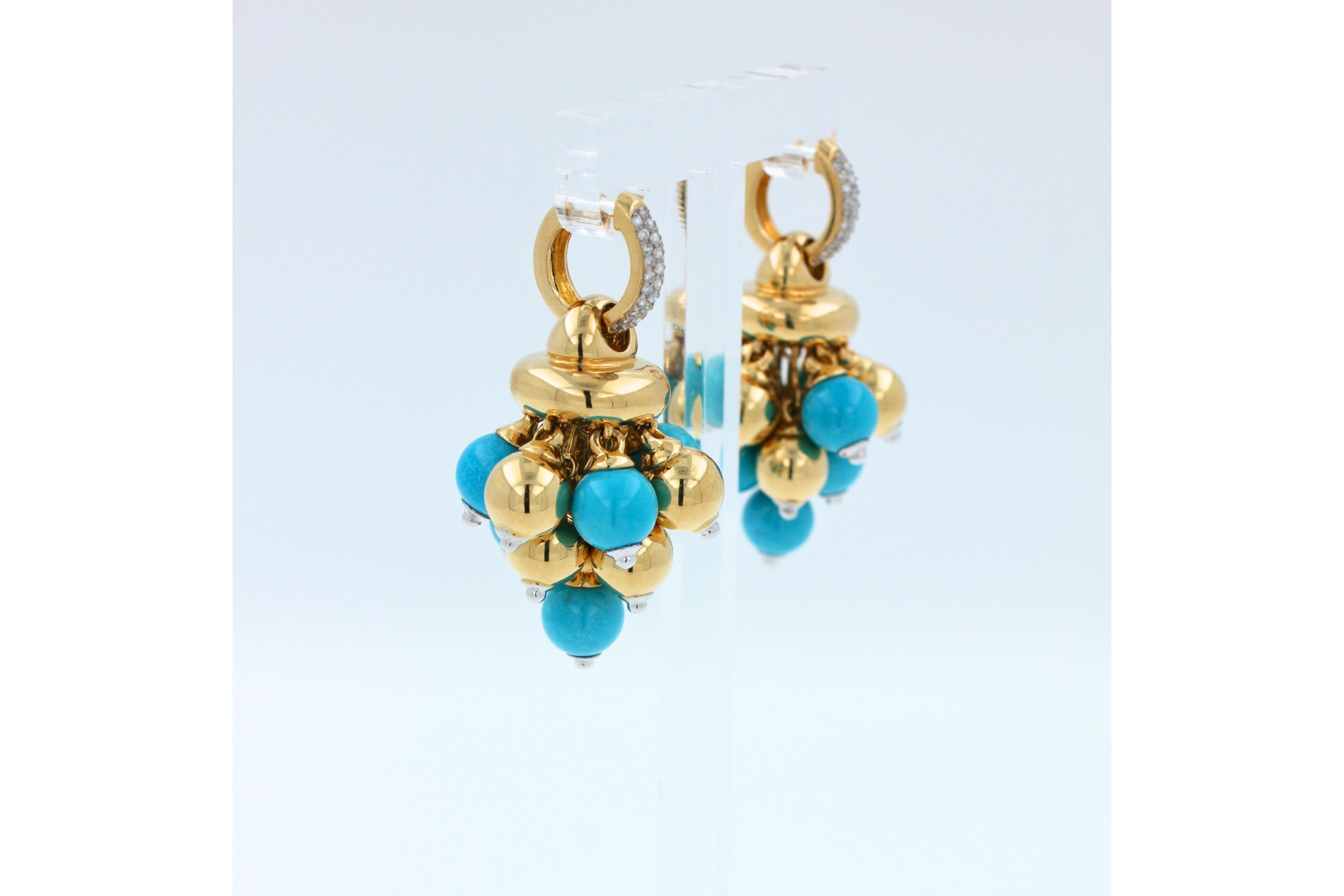 Blue Turquoise Diamonds Golden Sphere Bells Motif Two Tone Gold Huggie Earrings