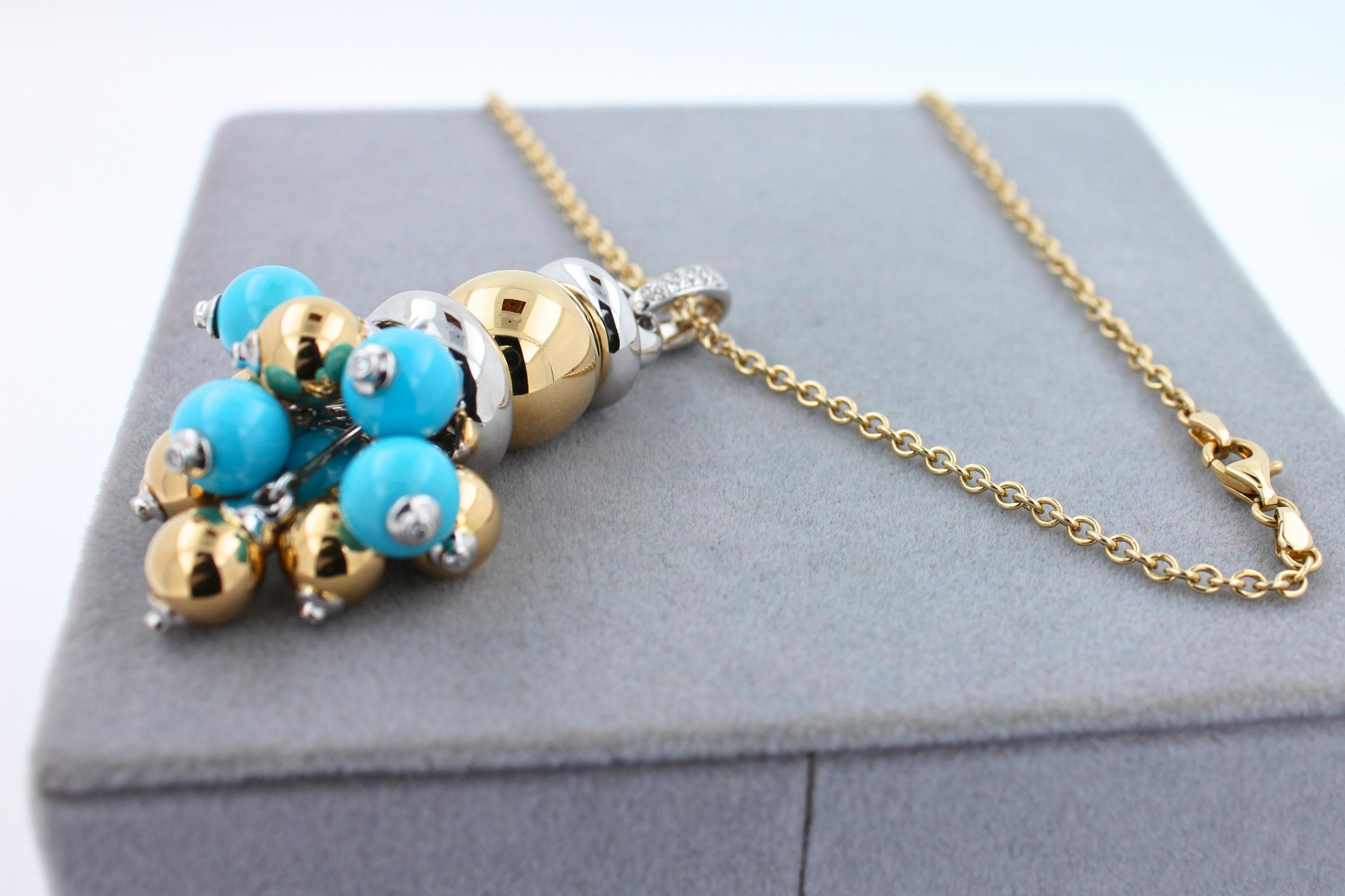 Blue Turquoise Diamonds Golden Sphere Bells Motif Two Tone Gold Pendant Necklace