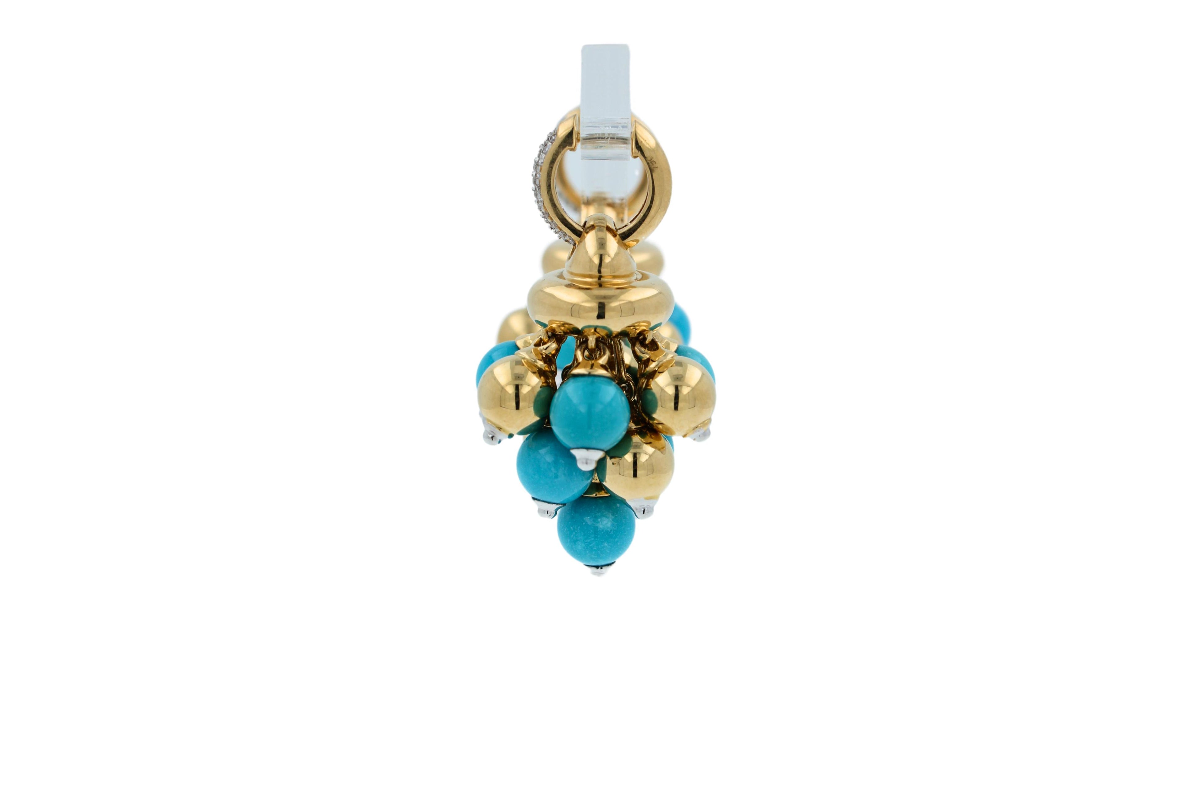 Blue Turquoise Diamonds Golden Sphere Bells Motif Two Tone Gold Huggie Earrings