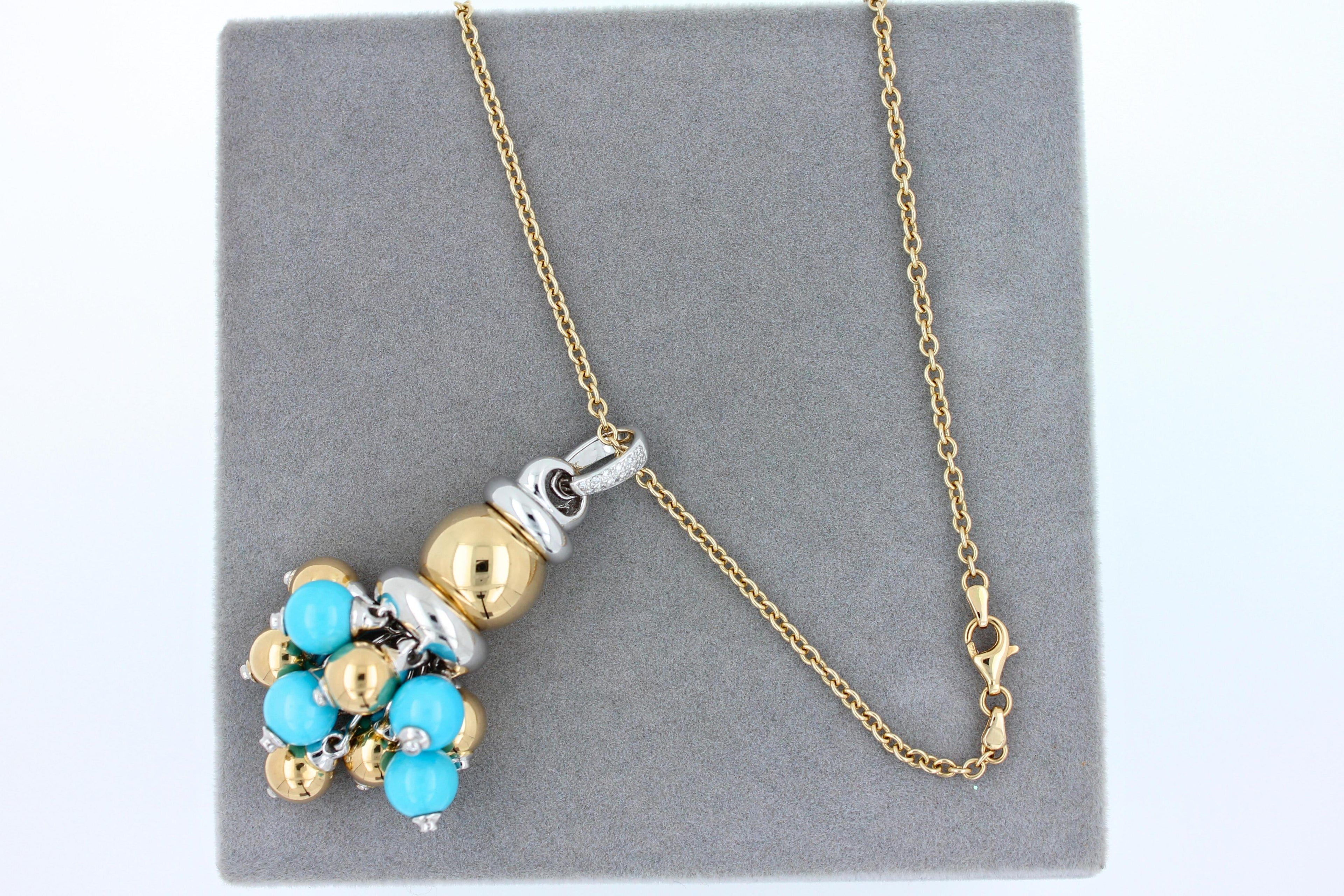 Blue Turquoise Diamonds Golden Sphere Bells Motif Two Tone Gold Pendant Necklace