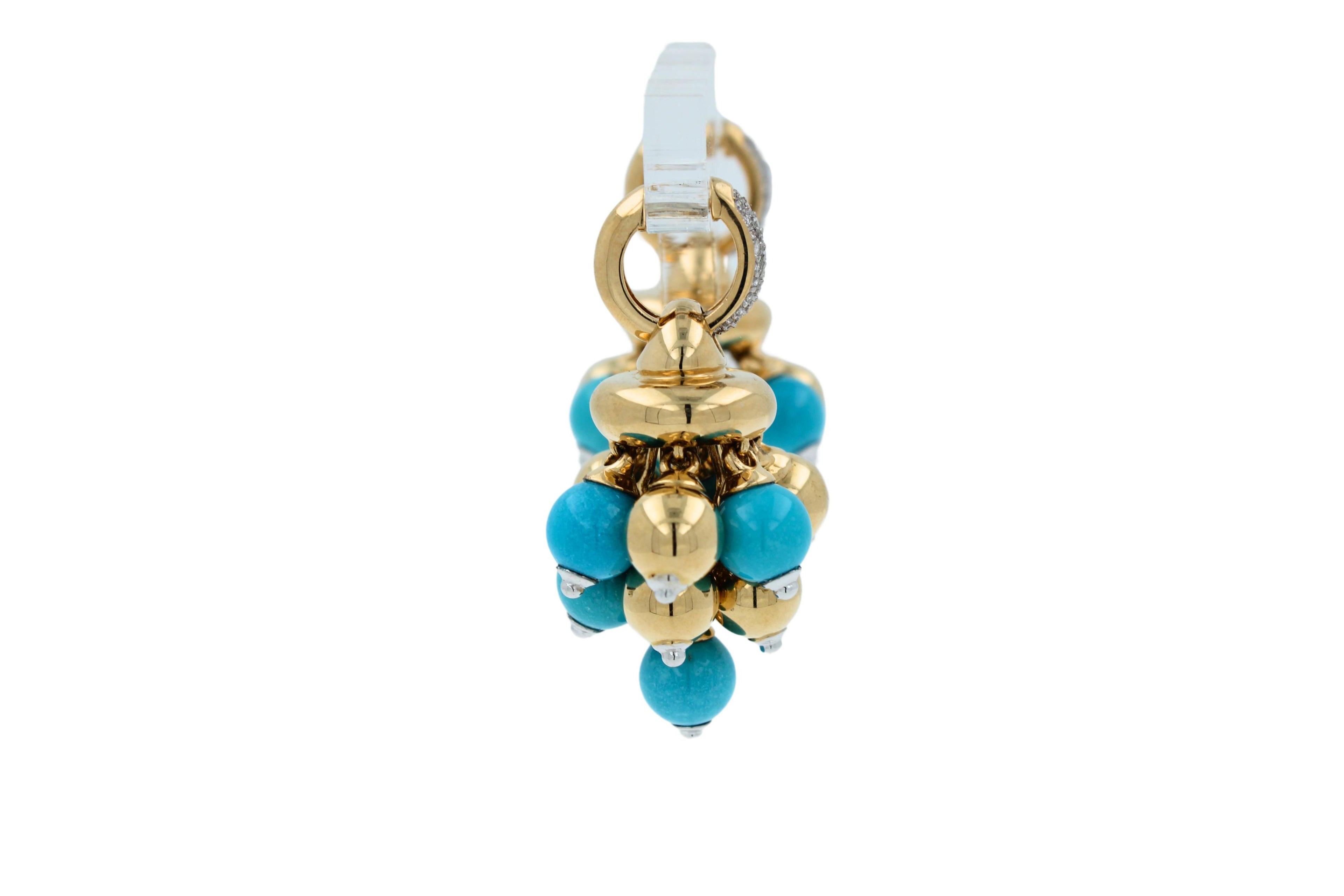 Blue Turquoise Diamonds Golden Sphere Bells Motif Two Tone Gold Huggie Earrings