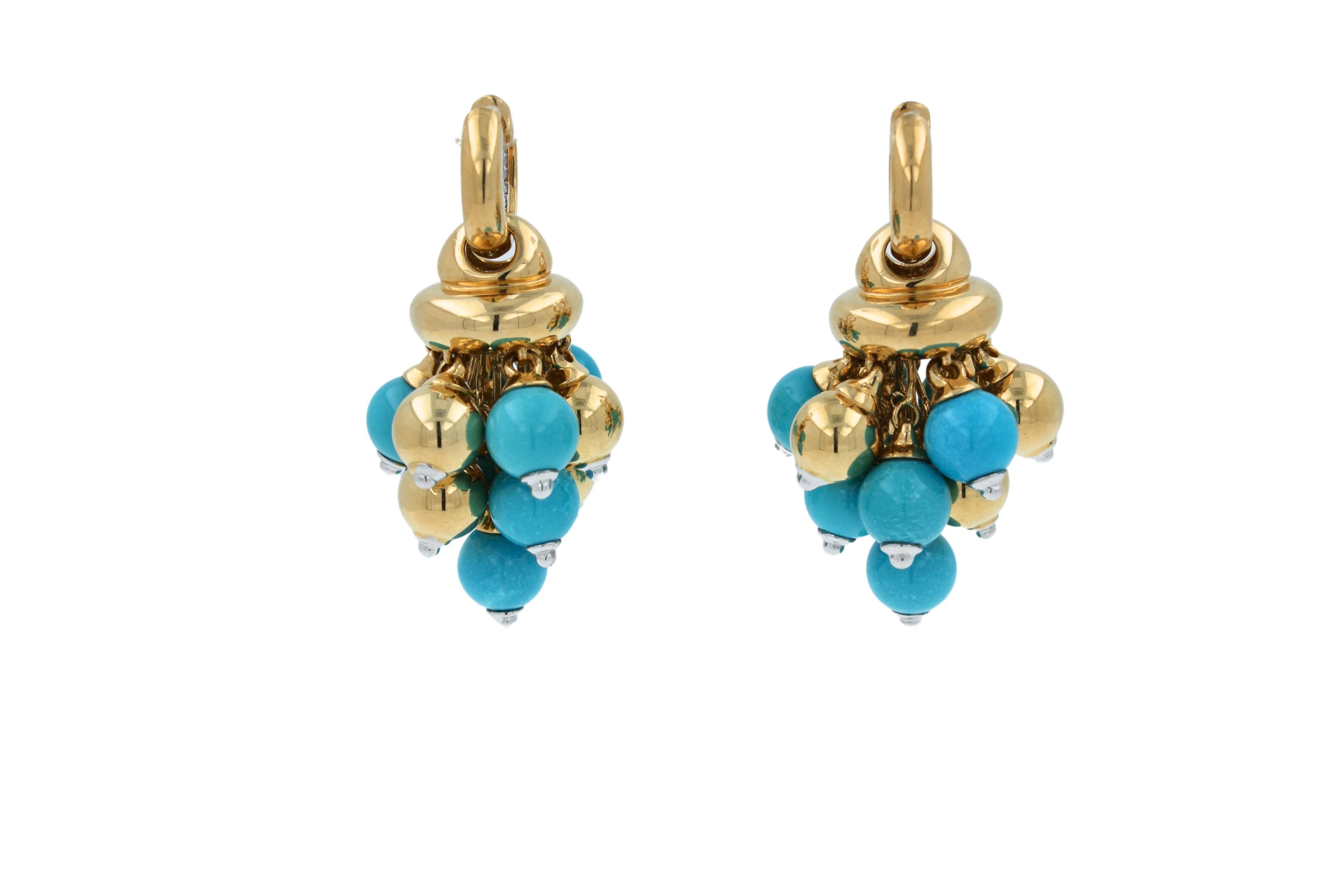 Blue Turquoise Diamonds Golden Sphere Bells Motif Two Tone Gold Huggie Earrings