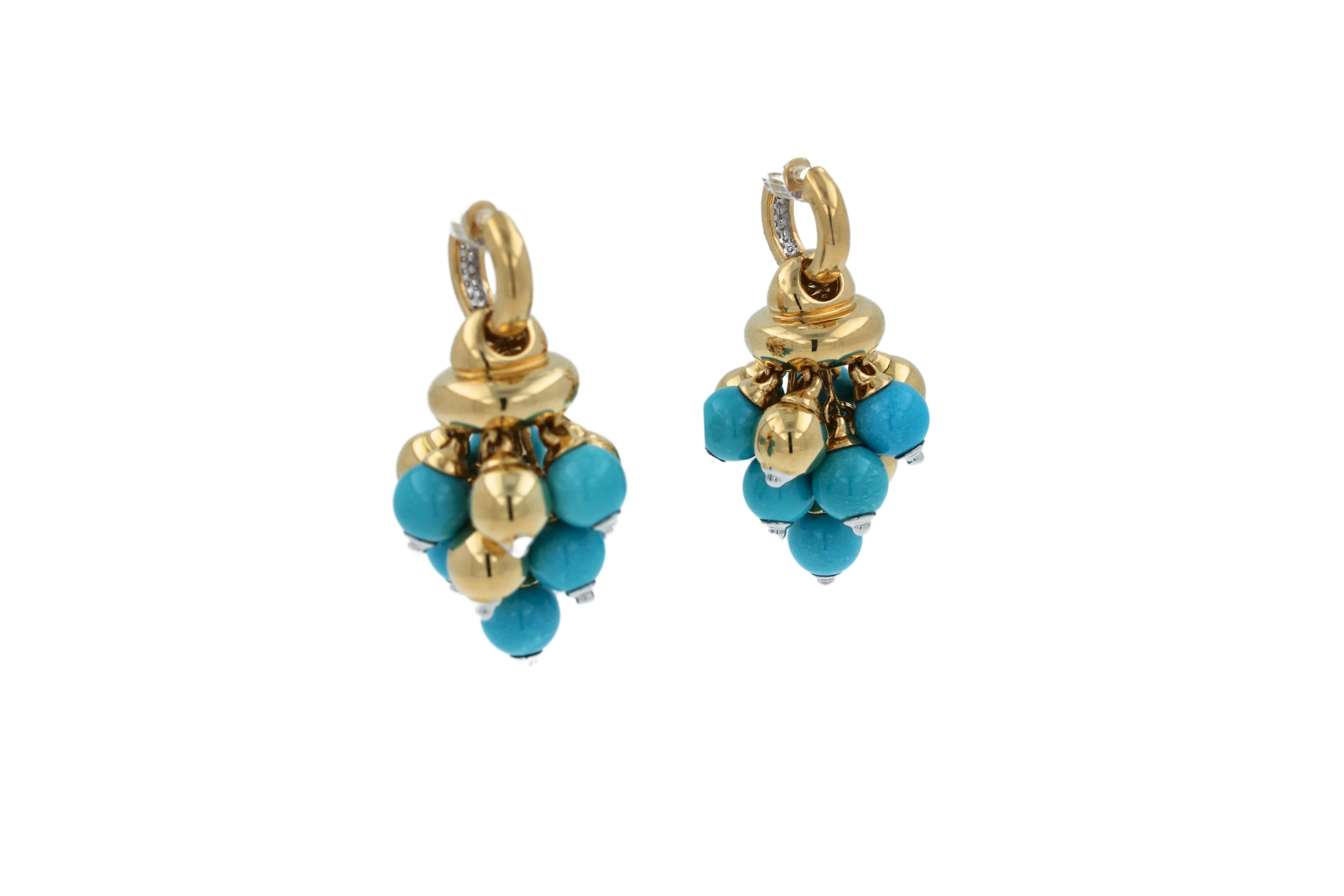 Blue Turquoise Diamonds Golden Sphere Bells Motif Two Tone Gold Huggie Earrings