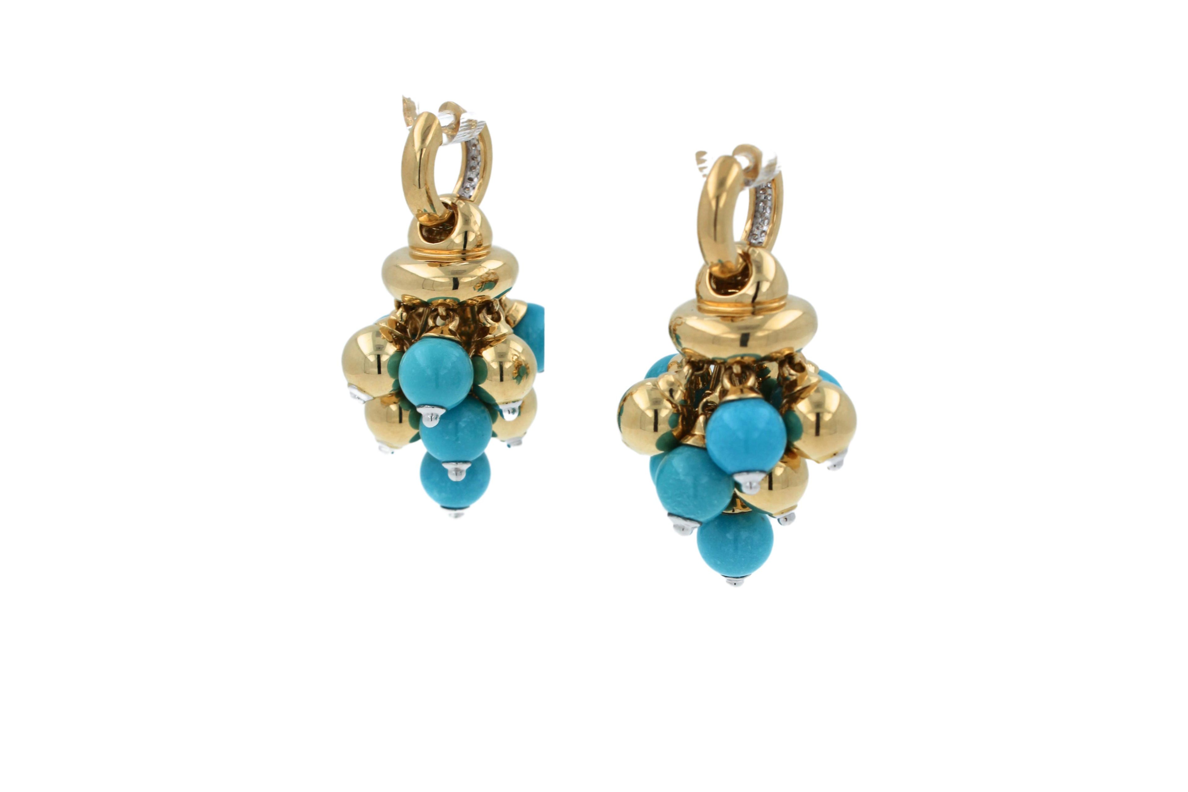 Blue Turquoise Diamonds Golden Sphere Bells Motif Two Tone Gold Huggie Earrings