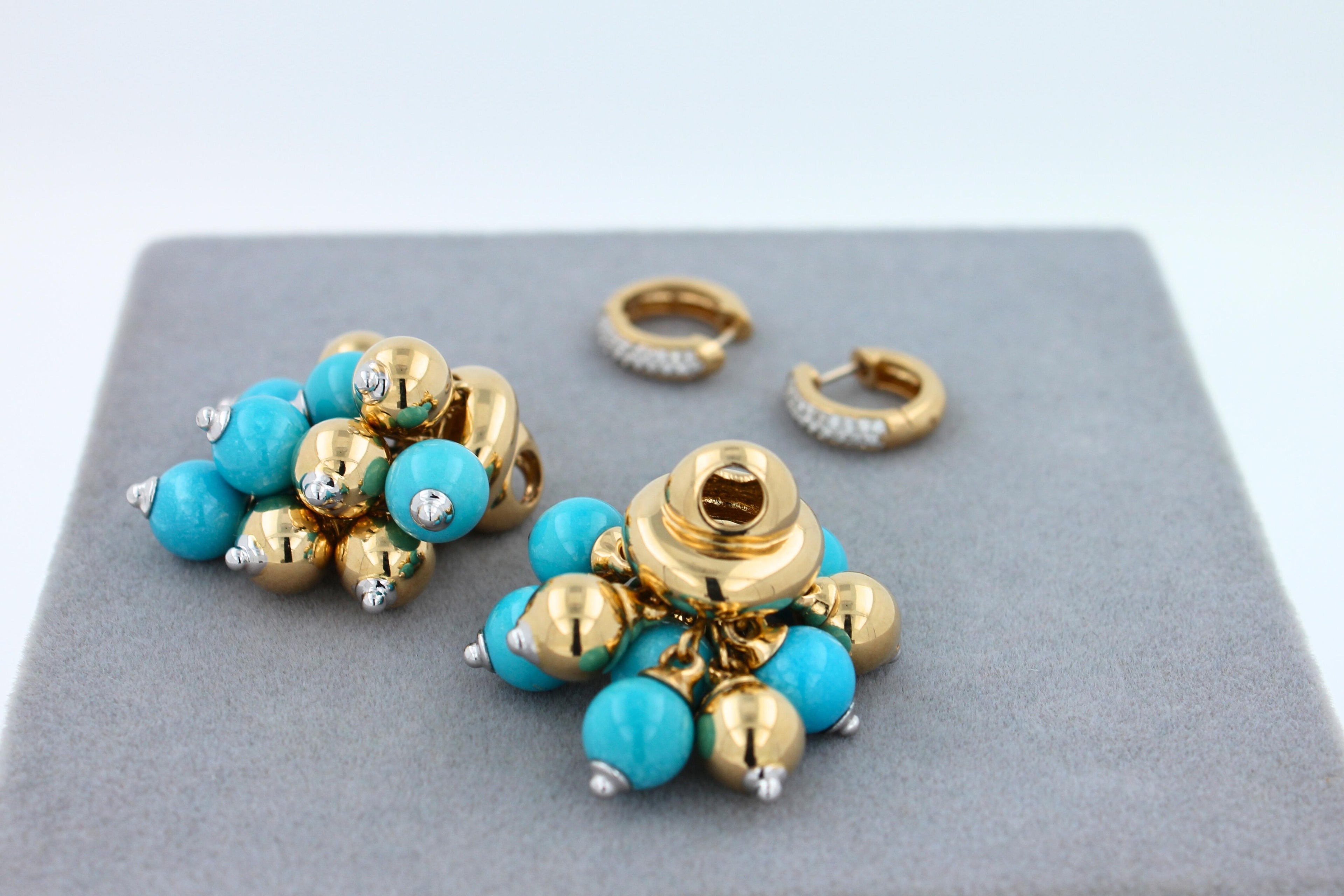 Blue Turquoise Diamonds Golden Sphere Bells Motif Two Tone Gold Huggie Earrings