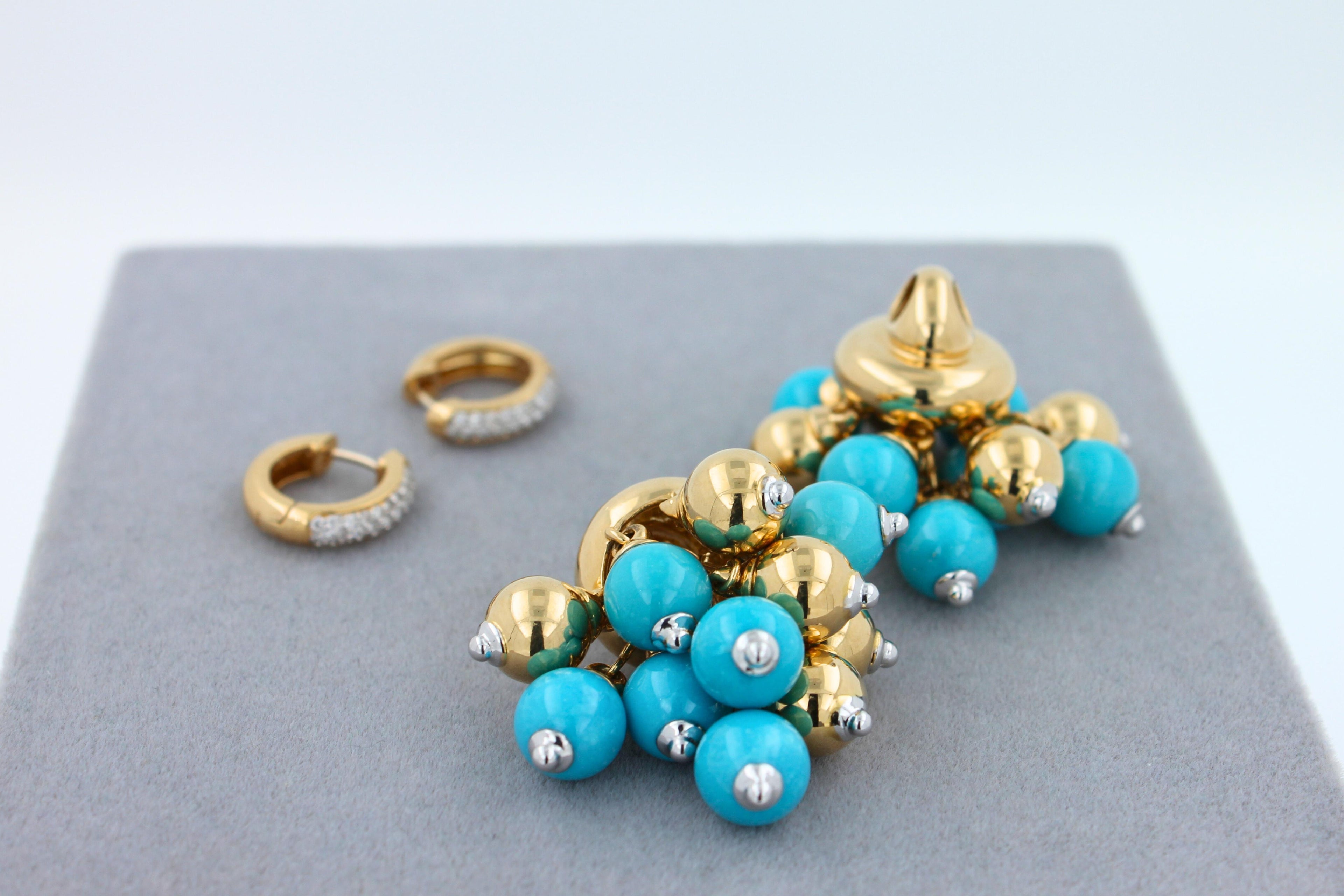 Blue Turquoise Diamonds Golden Sphere Bells Motif Two Tone Gold Huggie Earrings