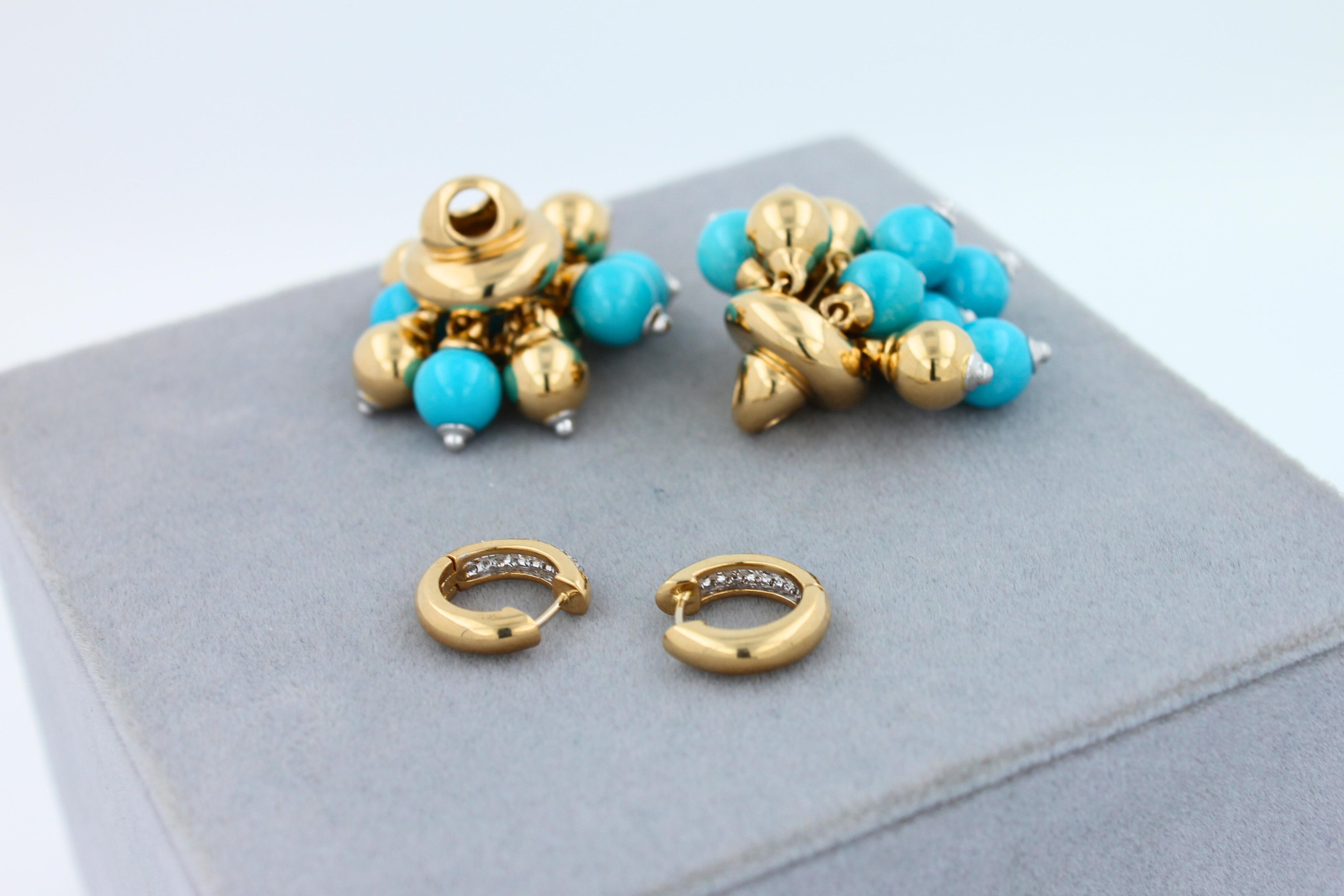 Blue Turquoise Diamonds Golden Sphere Bells Motif Two Tone Gold Huggie Earrings
