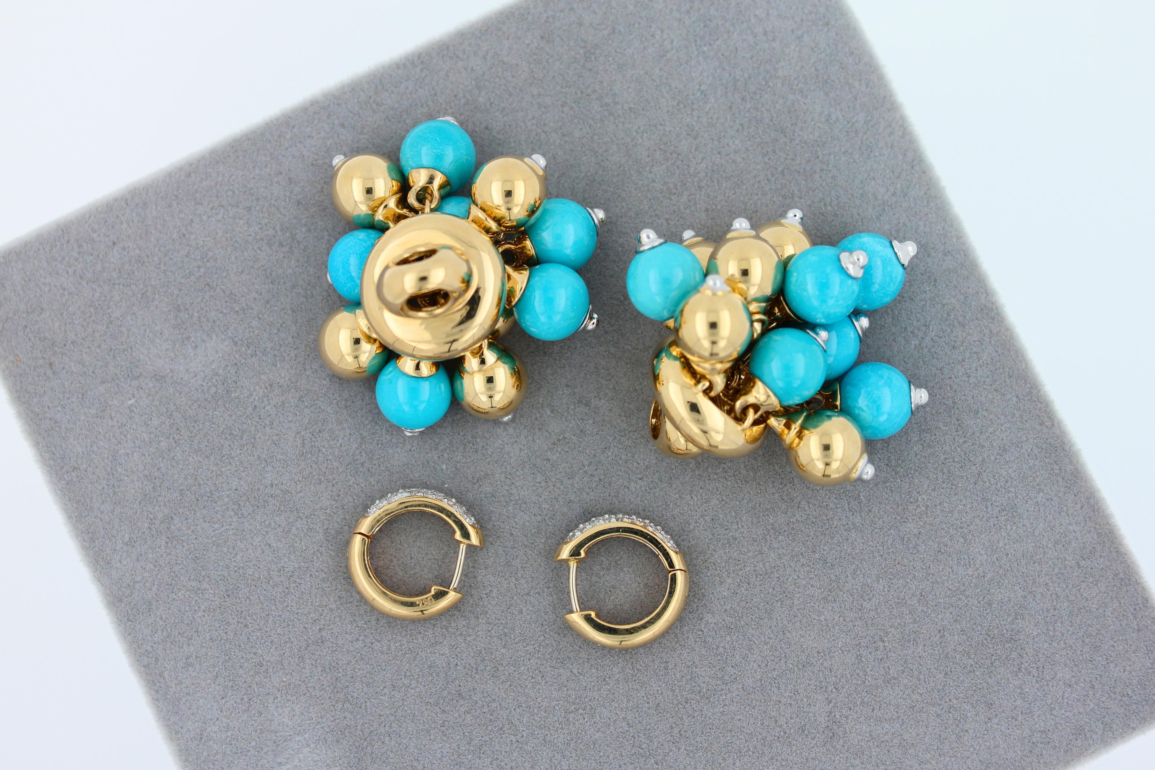Blue Turquoise Diamonds Golden Sphere Bells Motif Two Tone Gold Huggie Earrings