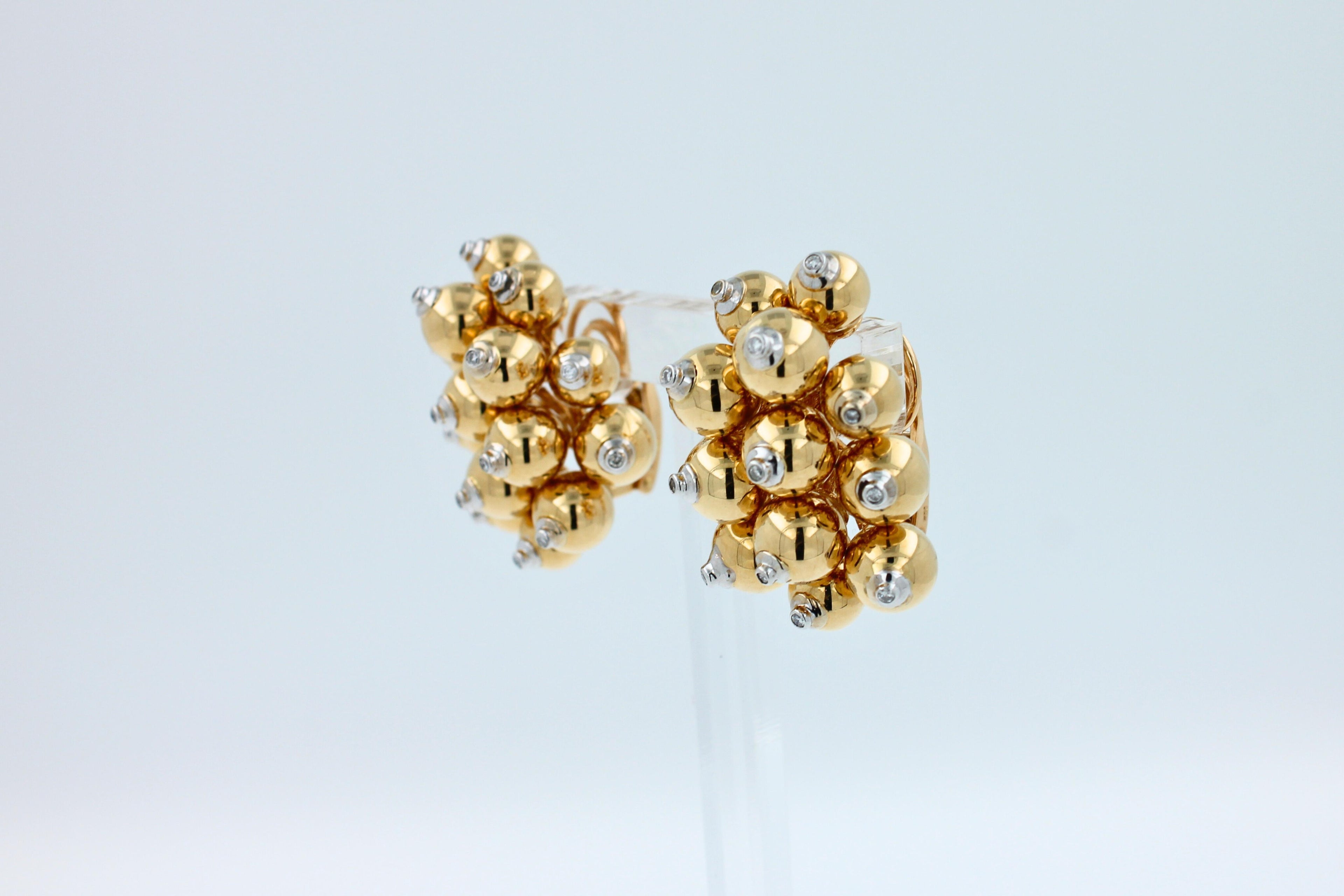 Diamonds Golden Spheres Gold Balls Geometric Bells Motif 18K Gold Earrings