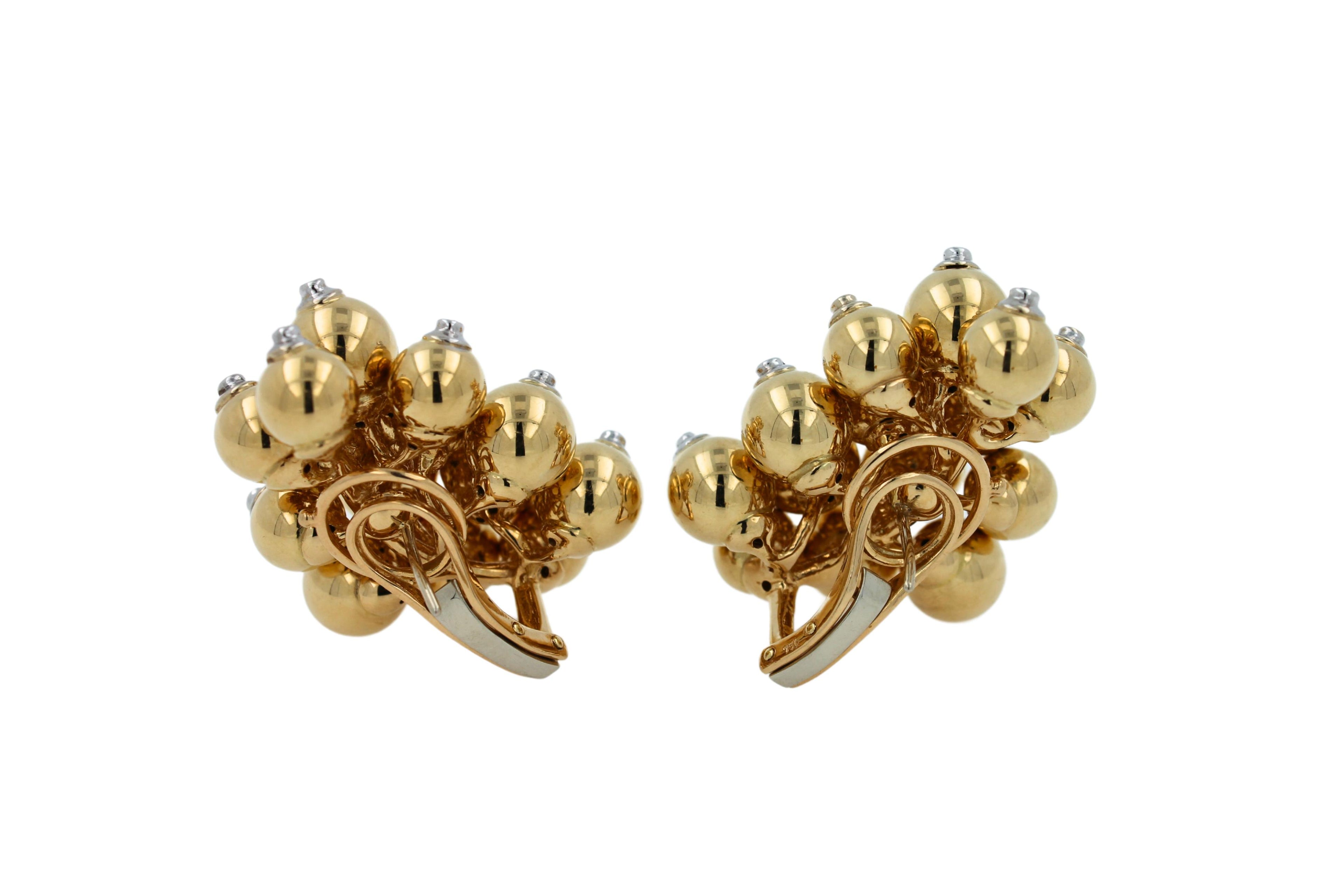 Diamonds Golden Spheres Gold Balls Geometric Bells Motif 18K Gold Earrings