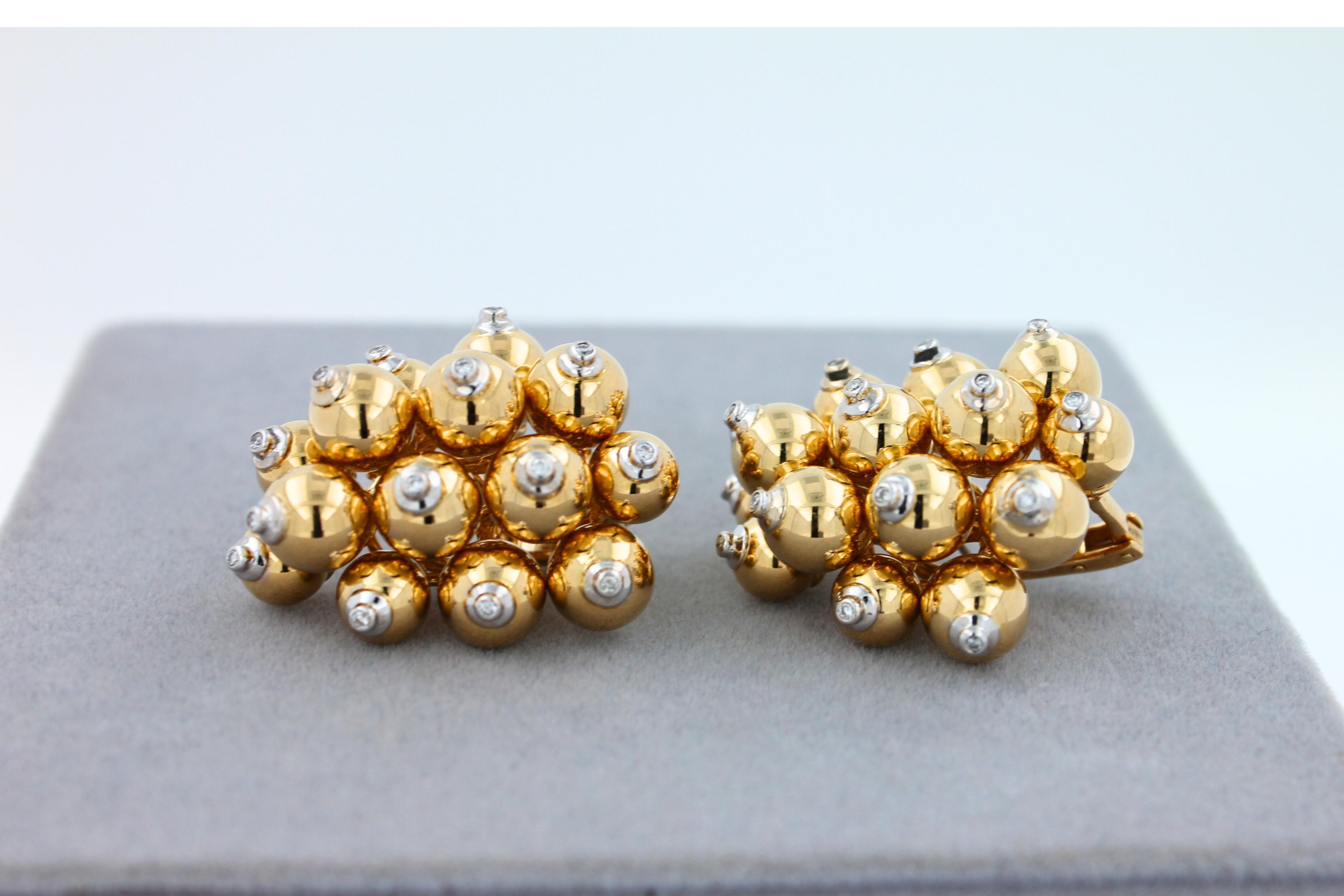 Diamonds Golden Spheres Gold Balls Geometric Bells Motif 18K Gold Earrings