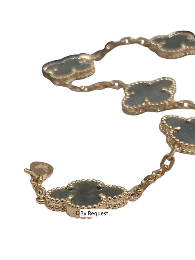 Van Cleef & Arpels Vintage Alhambra Silver Grey Obsidian 18K Rose Gold Estate Pre-Owned 5 Motif Statement Bracelet
