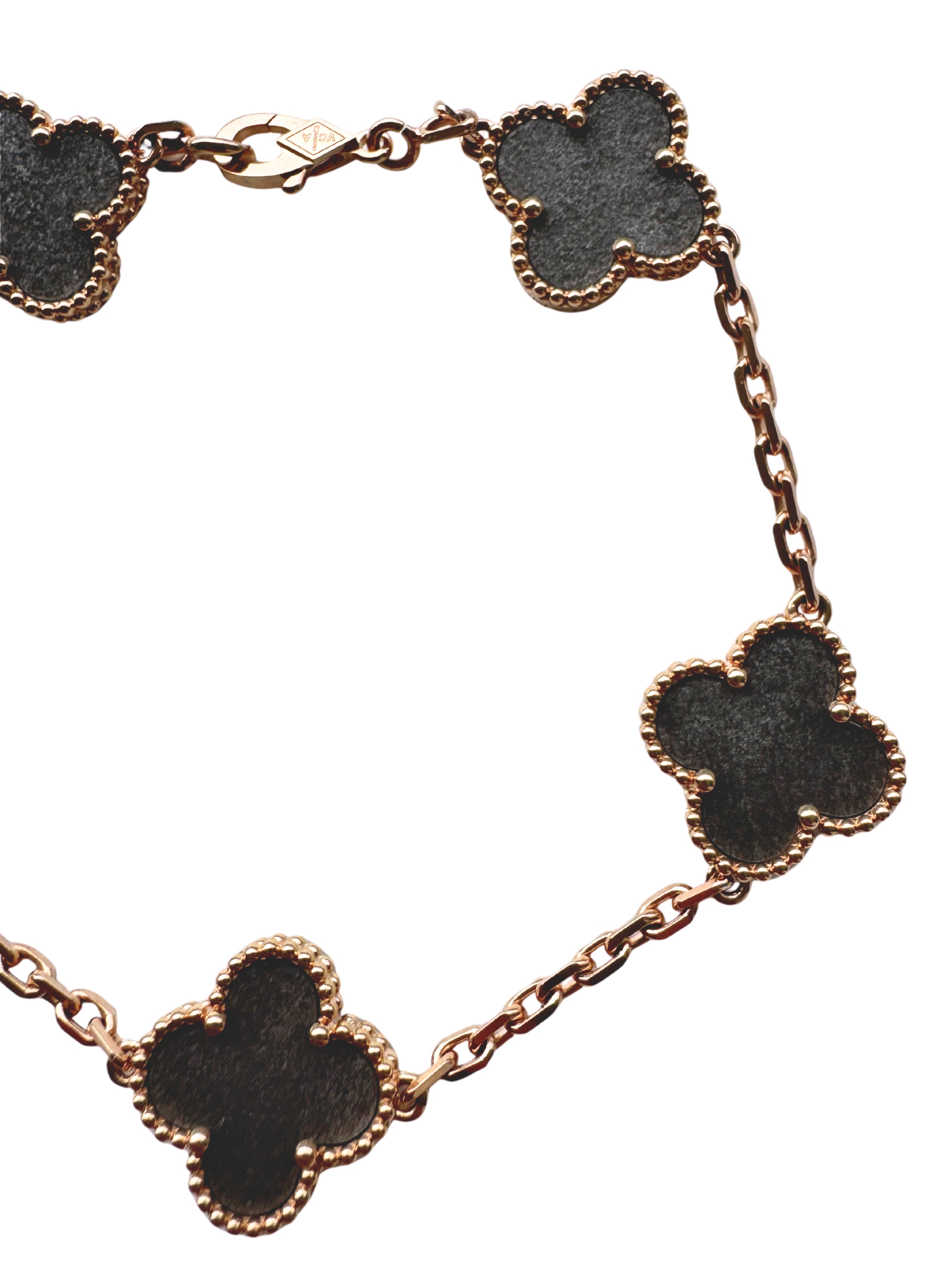 Van Cleef & Arpels Vintage Alhambra Silver Grey Obsidian 18K Rose Gold Estate Pre-Owned 5 Motif Statement Bracelet