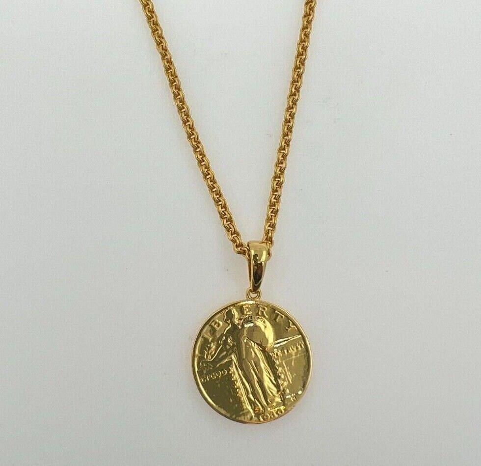 Vintage Dollar Coin Cable Lin Yellow Gold Vermeil Sterling Silver Chain Necklace