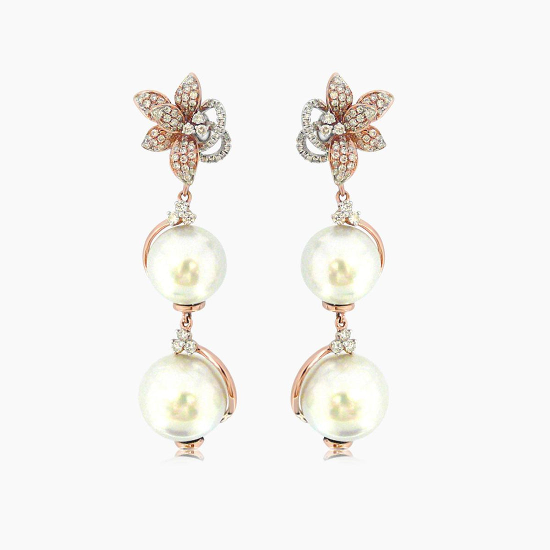South Sea Pearl & White Diamond Floral Flower 18K Gold Drop Statement Earrings