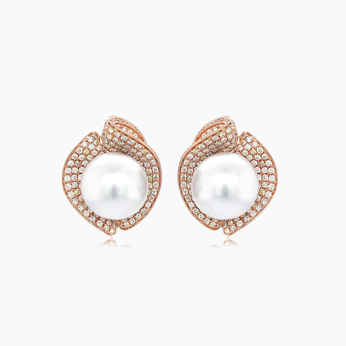 South Sea White Pearl Fancy Diamond Floral Pave Set 18K Rose Gold Earrings