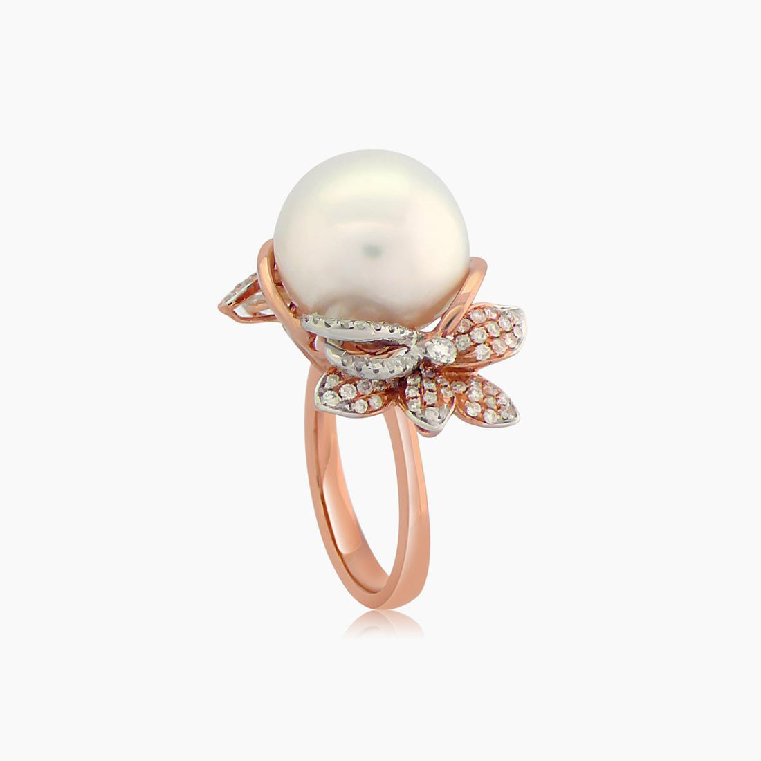 South Sea White Pearl & White Diamond Flower Floral 18K Rose Gold Ring