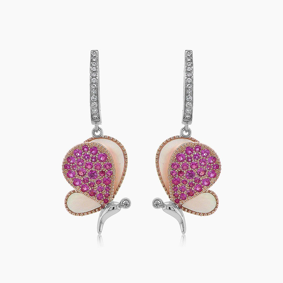 Pink Sapphire & Pearl & Diamonds Butterfly Sweet 18K White Gold Clip Earrings