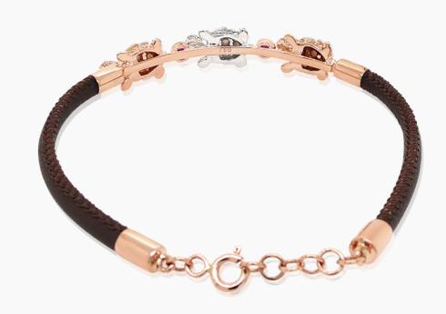 White Mother of Pearl & Diamond & Ruby Turtle Animal Rose Gold Leather Bracelet
