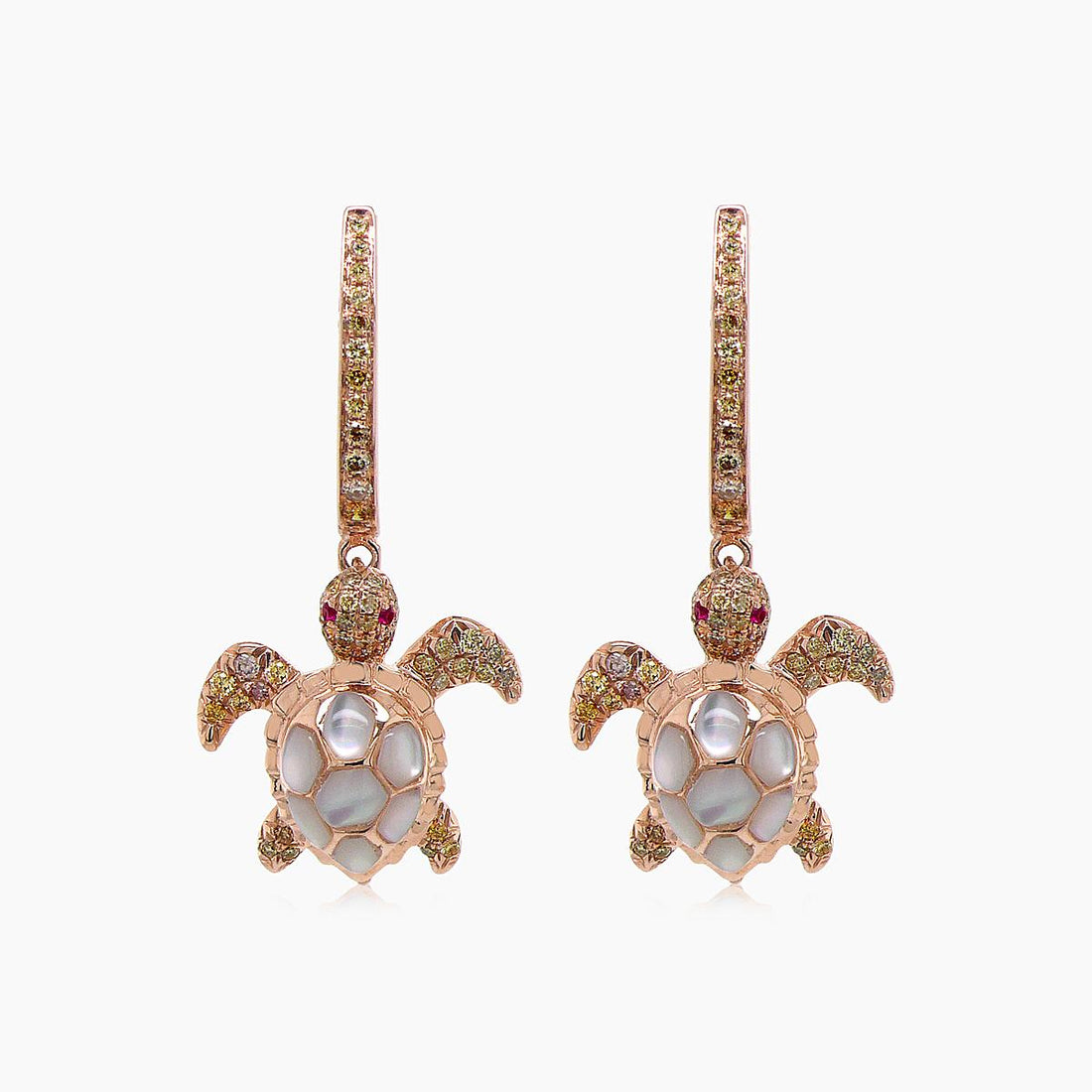 Turtles Fancy Diamond & Red Ruby & White Pearl 18K Rose Gold Animal Earrings