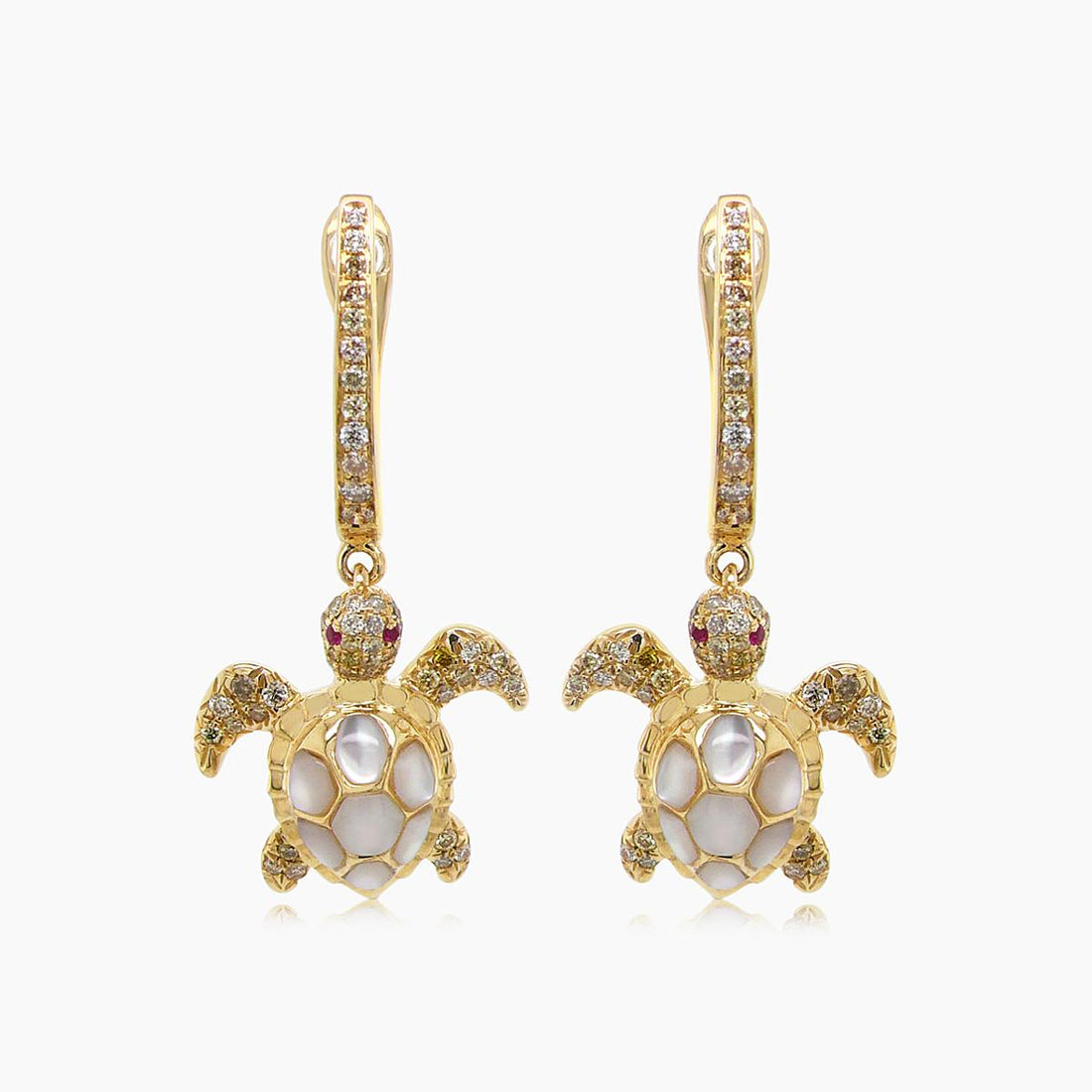 Turtles Fancy Diamond & Red Ruby & White Pearl 18K Yellow Gold Animal Earrings