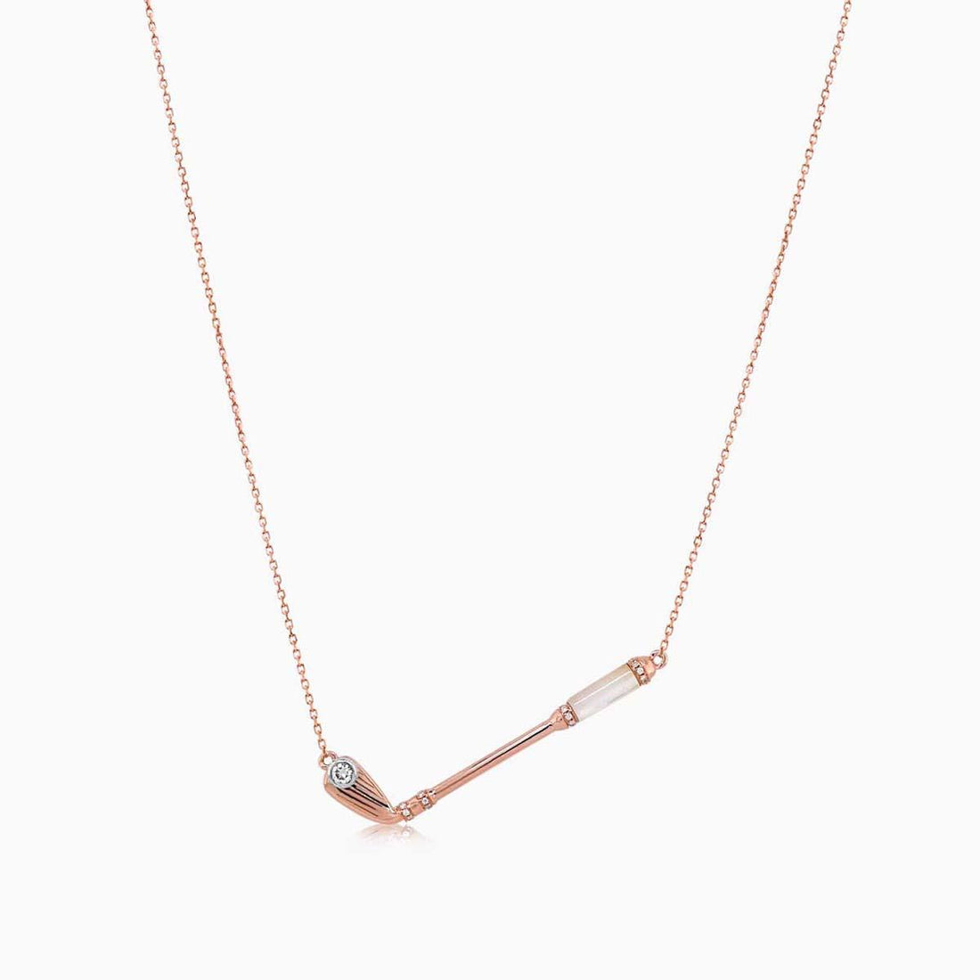 Golf Club White Pearl & White Diamond 18K Rose Gold Pendant Necklace