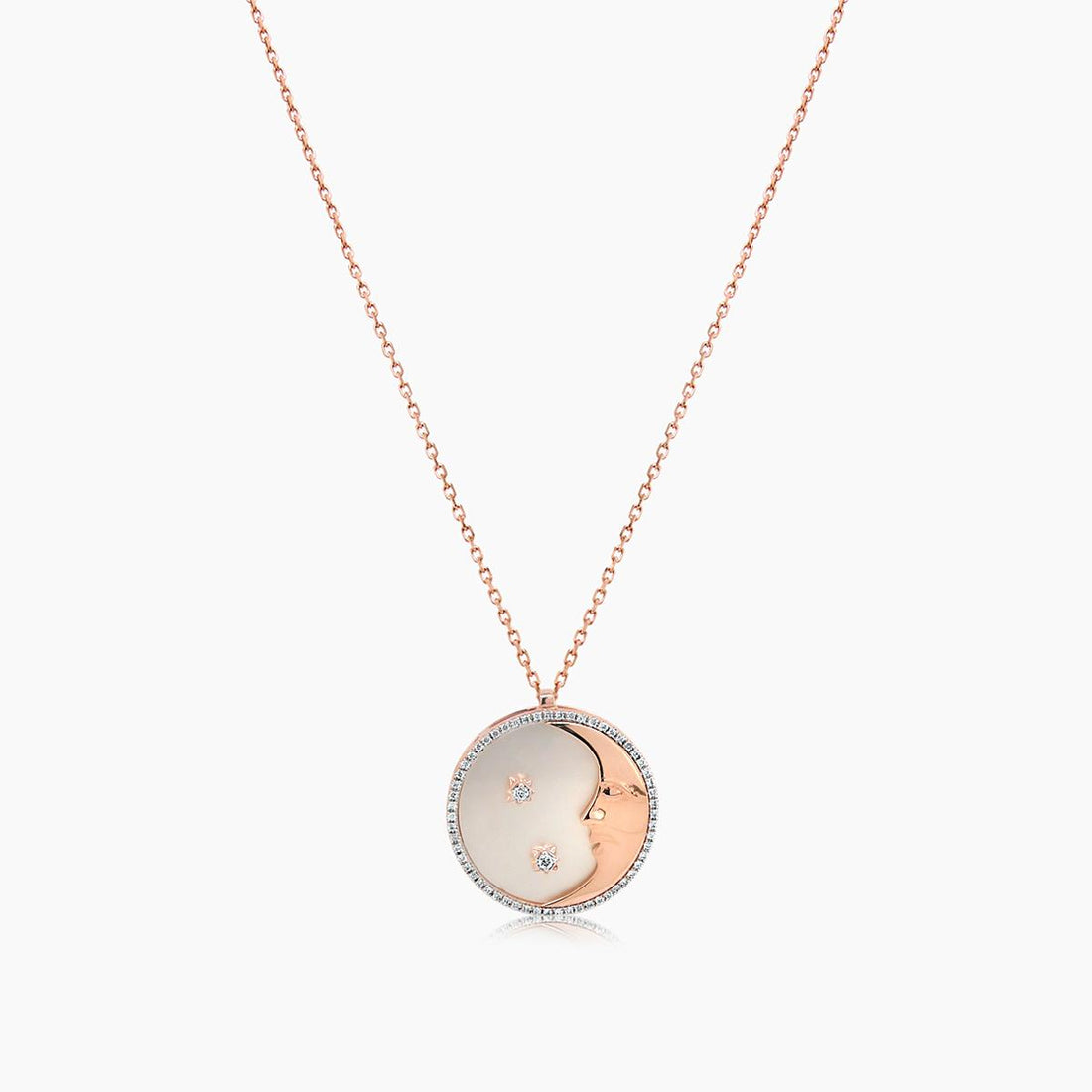 Moon Star Celestial Zodiac White Pearl White Diamond Rose Gold Pendant Necklace