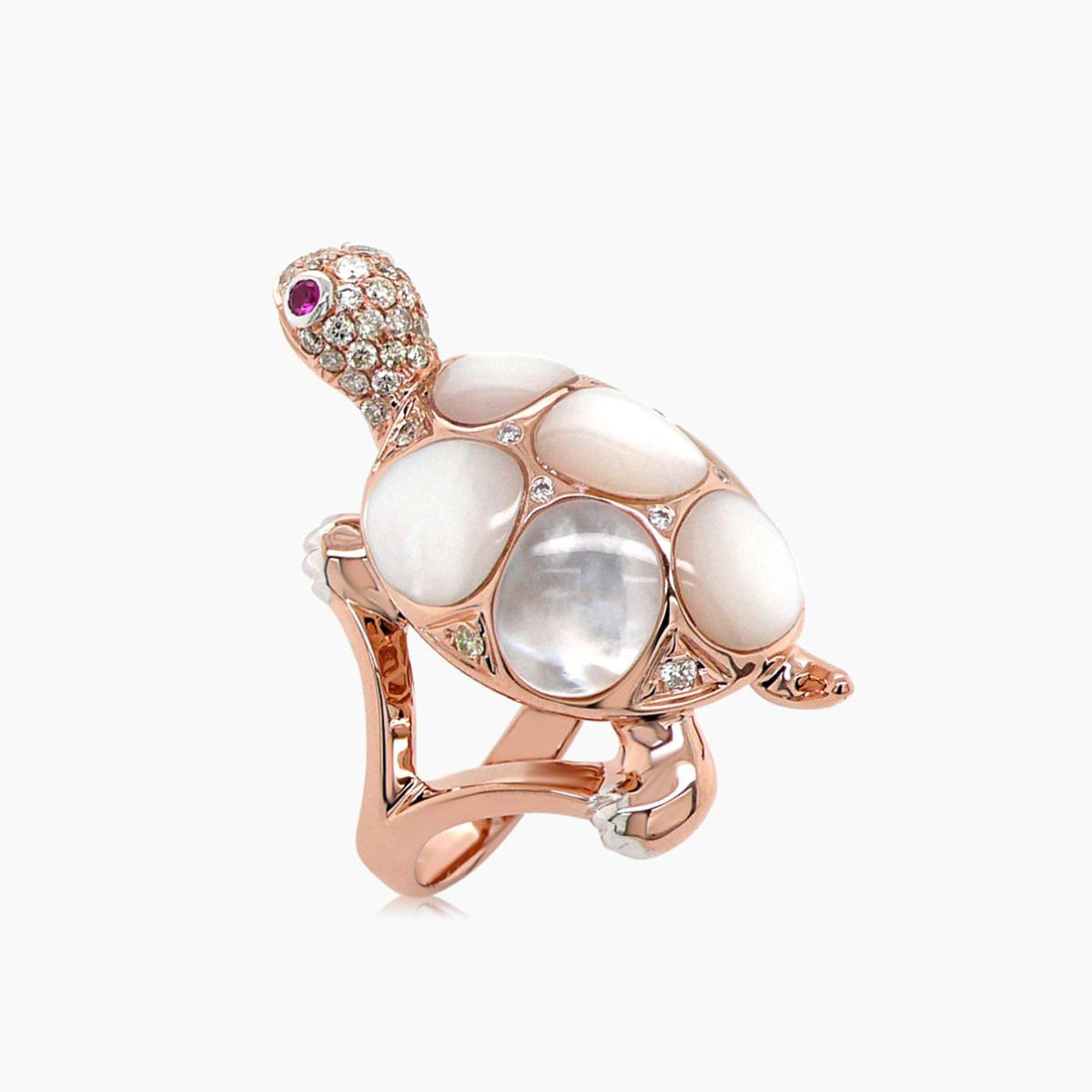 White Pearl Fancy Diamond Ruby & White Diamond 18K Rose Gold Turtle Ring