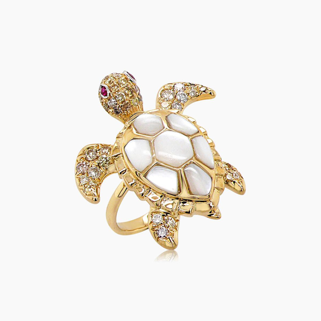 White Pearl Fancy Diamond Ruby 18K Yellow Gold Turtle Ring